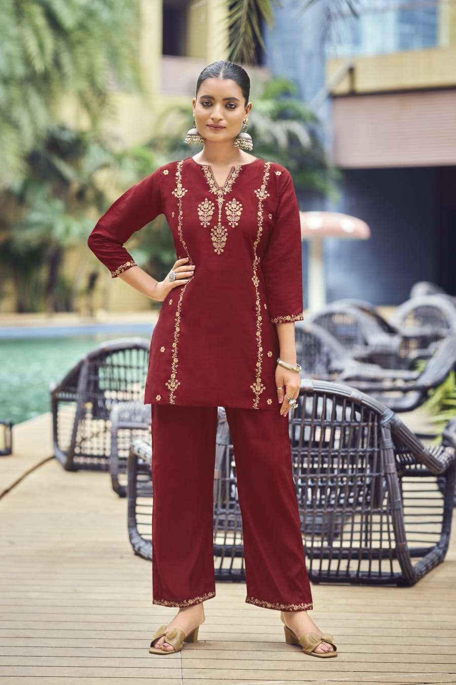 OSSM CELEBRATIONS SILK FANCY EMBROIDERIES WORK LADIES TOP WITH PANT PAIR 