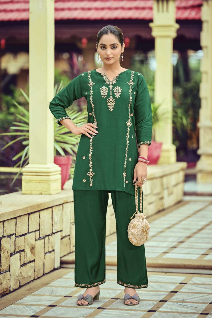 OSSM CELEBRATIONS SILK FANCY EMBROIDERIES WORK LADIES TOP WITH PANT PAIR 