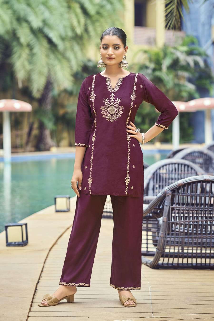 OSSM CELEBRATIONS SILK FANCY EMBROIDERIES WORK LADIES TOP WITH PANT PAIR 