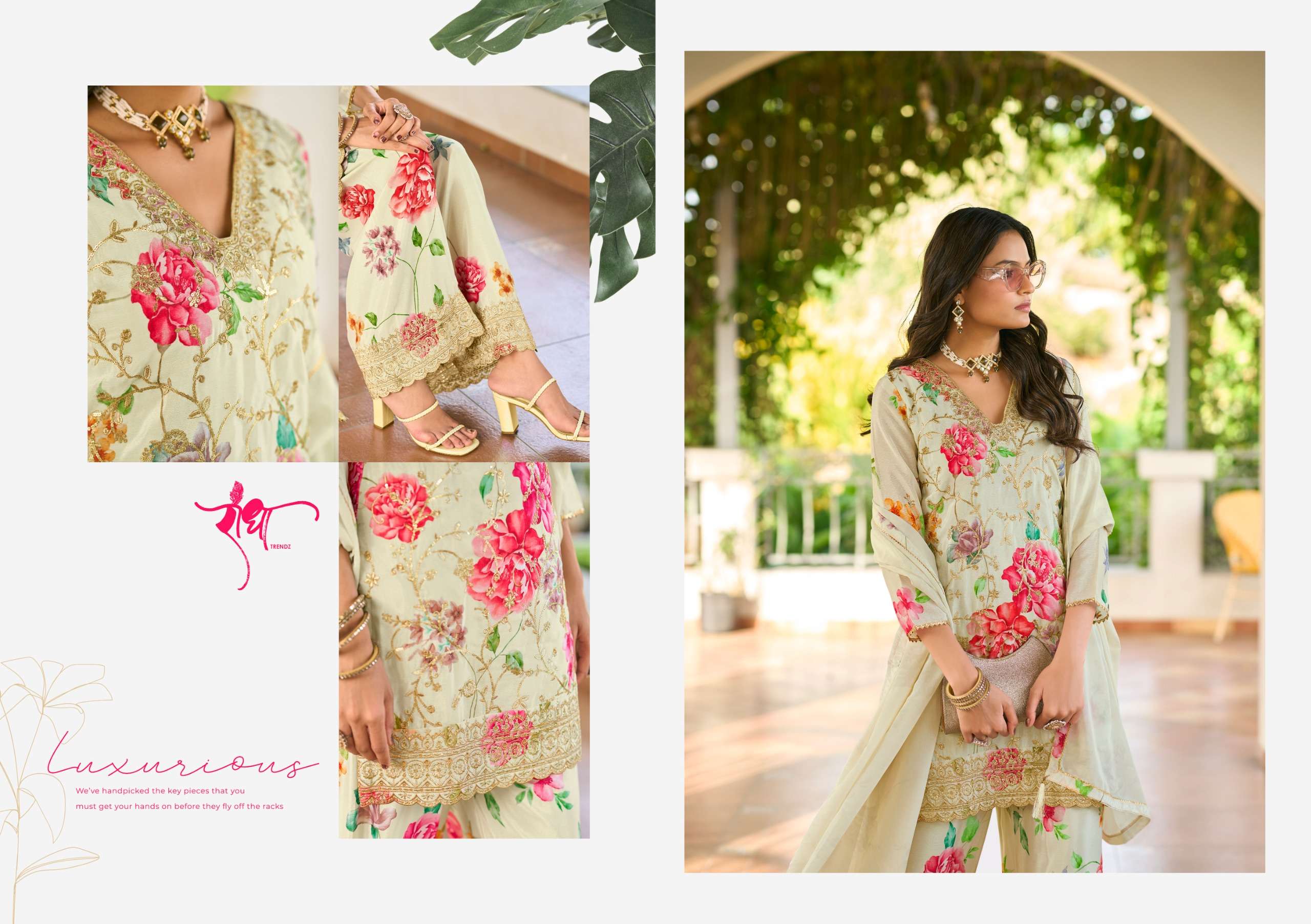 RADHA TRENDZ CATALOG PHOOL HEAVY PREMIUM CHINON EMBROIDERED WORK STITCHTED SUIT 