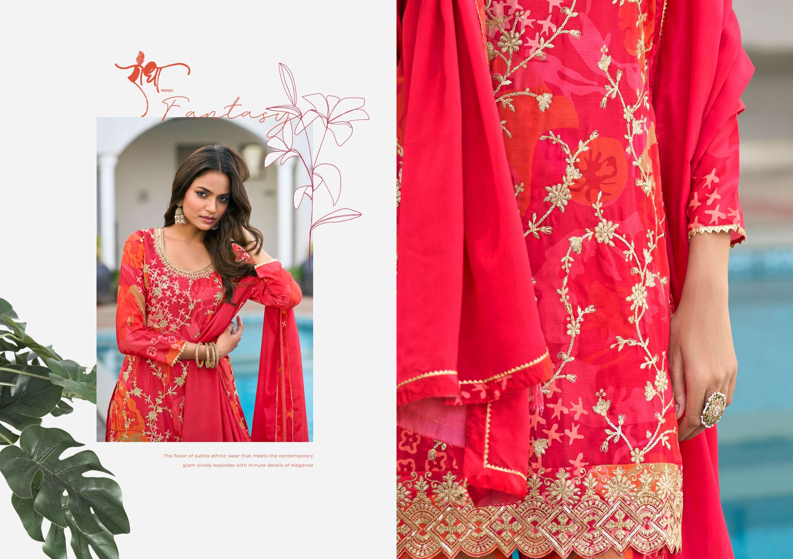 RADHA TRENDZ CATALOG PHOOL HEAVY PREMIUM CHINON EMBROIDERED WORK STITCHTED SUIT 