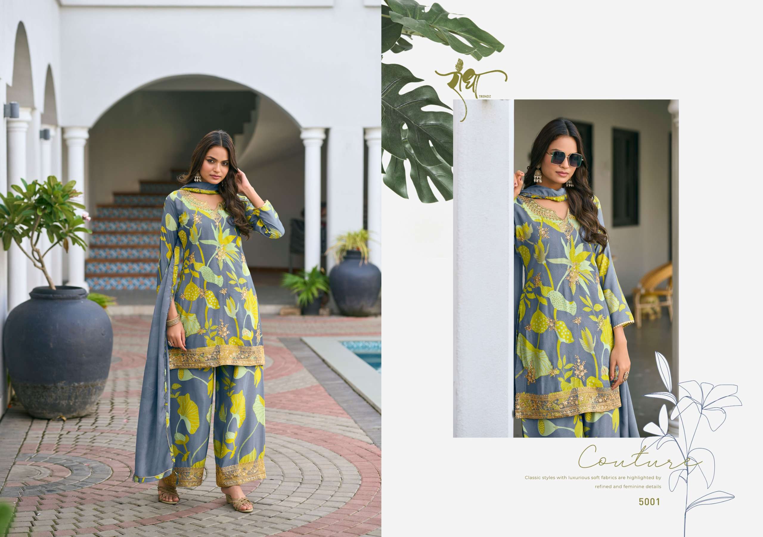 RADHA TRENDZ CATALOG PHOOL HEAVY PREMIUM CHINON EMBROIDERED WORK STITCHTED SUIT 