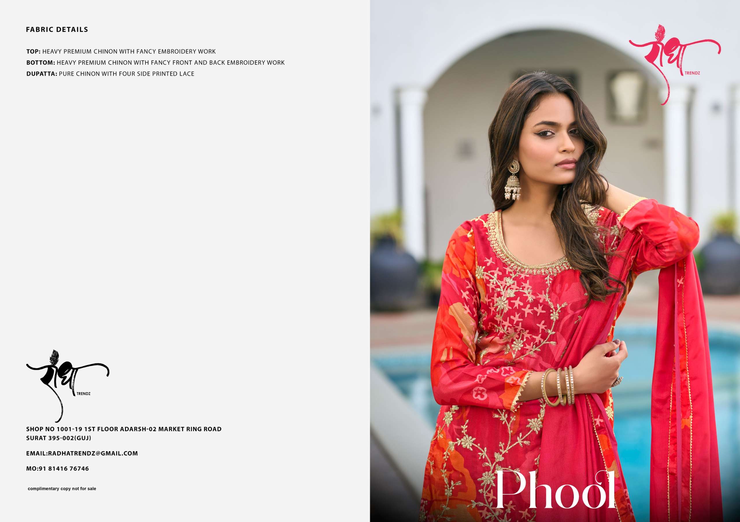 RADHA TRENDZ CATALOG PHOOL HEAVY PREMIUM CHINON EMBROIDERED WORK STITCHTED SUIT 