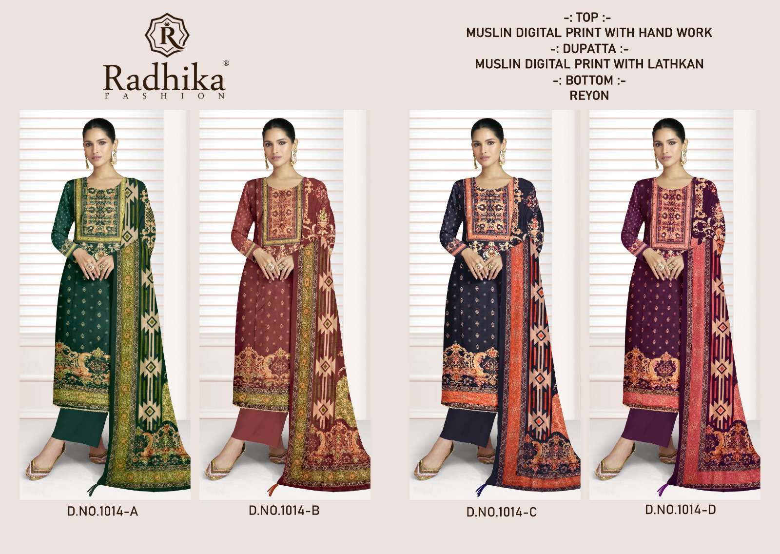 RADHIKA FASHION COMBO SUIT COLLECTION MUSLIN PRINT WITH FANCY WORK SUIT