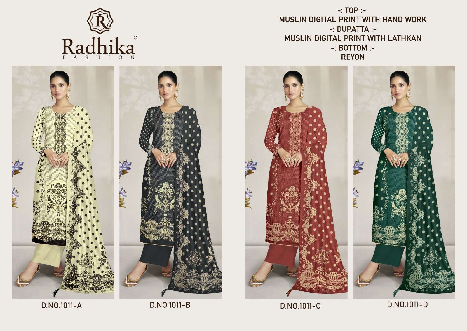 RADHIKA FASHION COMBO SUIT COLLECTION MUSLIN PRINT WITH FANCY WORK SUIT