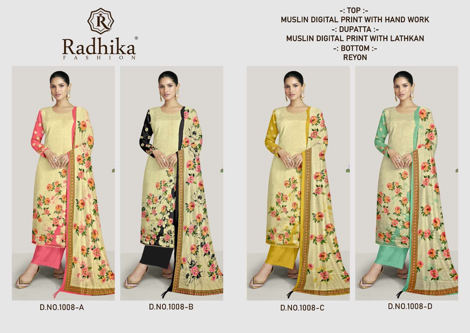 RADHIKA FASHION COMBO SUIT COLLECTION MUSLIN PRINT WITH FANCY WORK SUIT