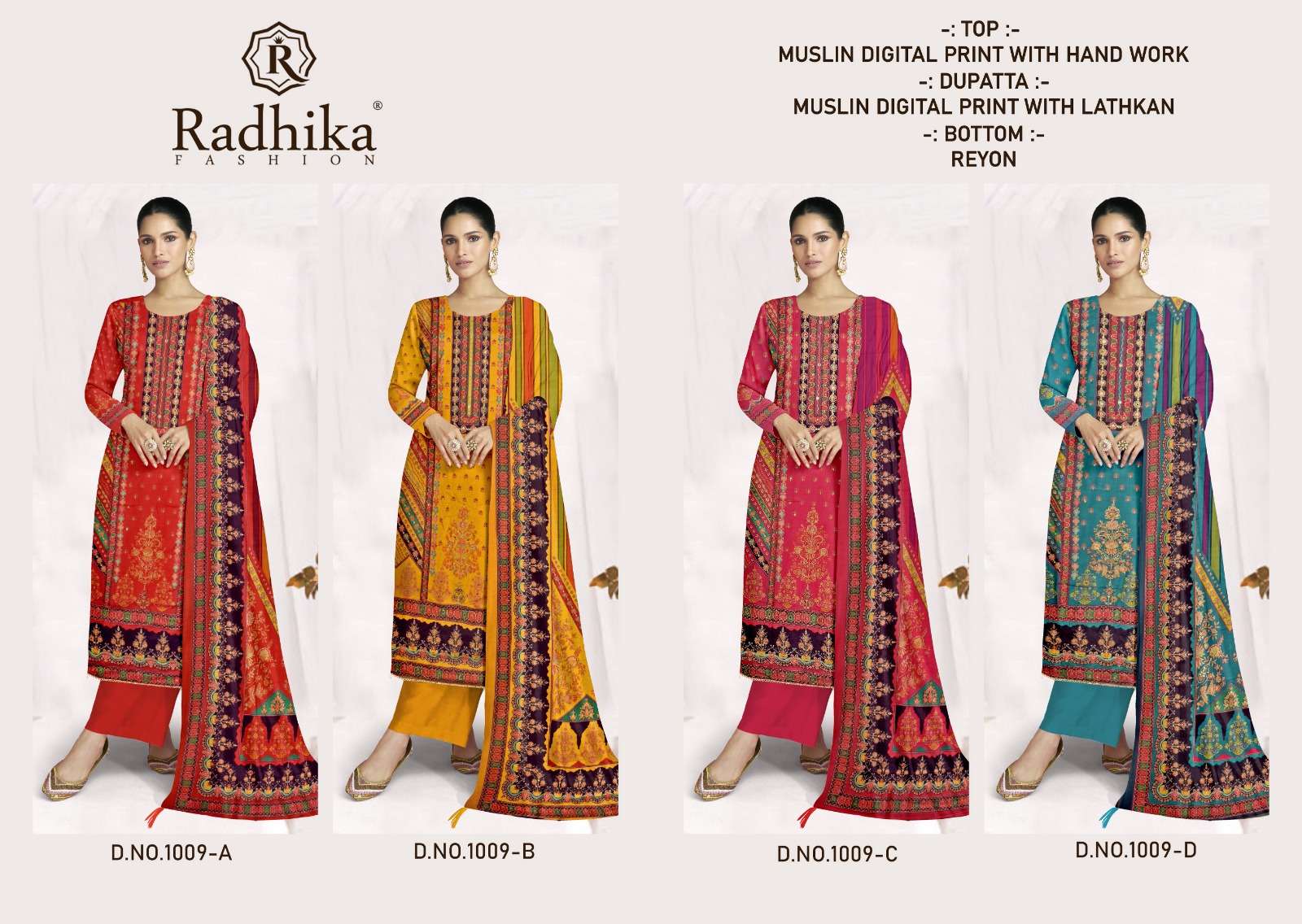 RADHIKA FASHION COMBO SUIT COLLECTION MUSLIN PRINT WITH FANCY WORK SUIT