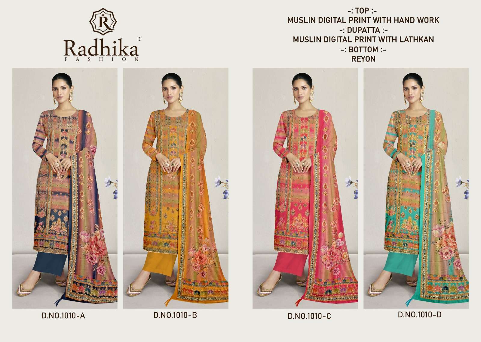 RADHIKA FASHION COMBO SUIT COLLECTION MUSLIN PRINT WITH FANCY WORK SUIT