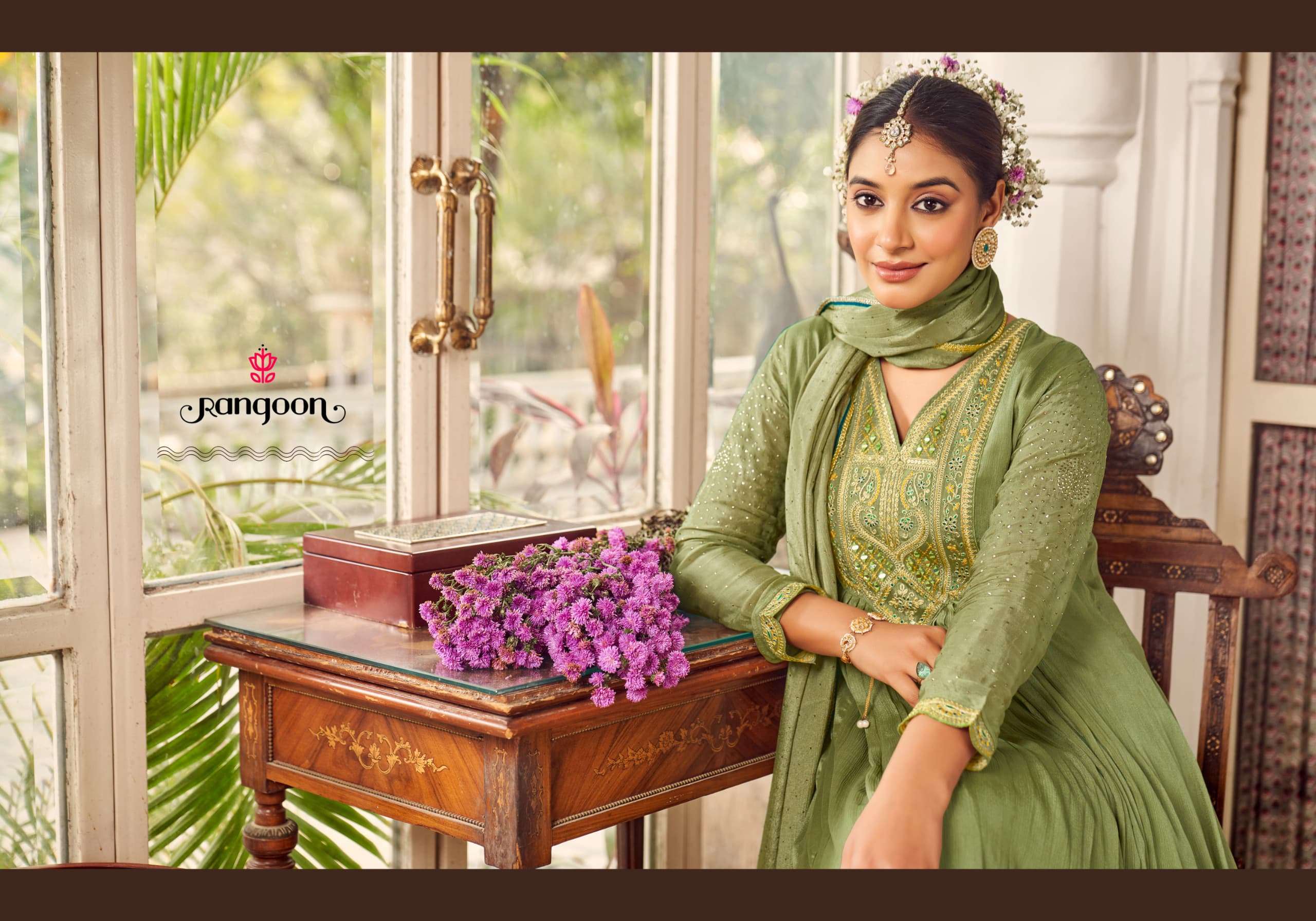 RANGOON CHINON KHATLI MIRROR HANDWORK PARTY WEAR READYMADE SUIT