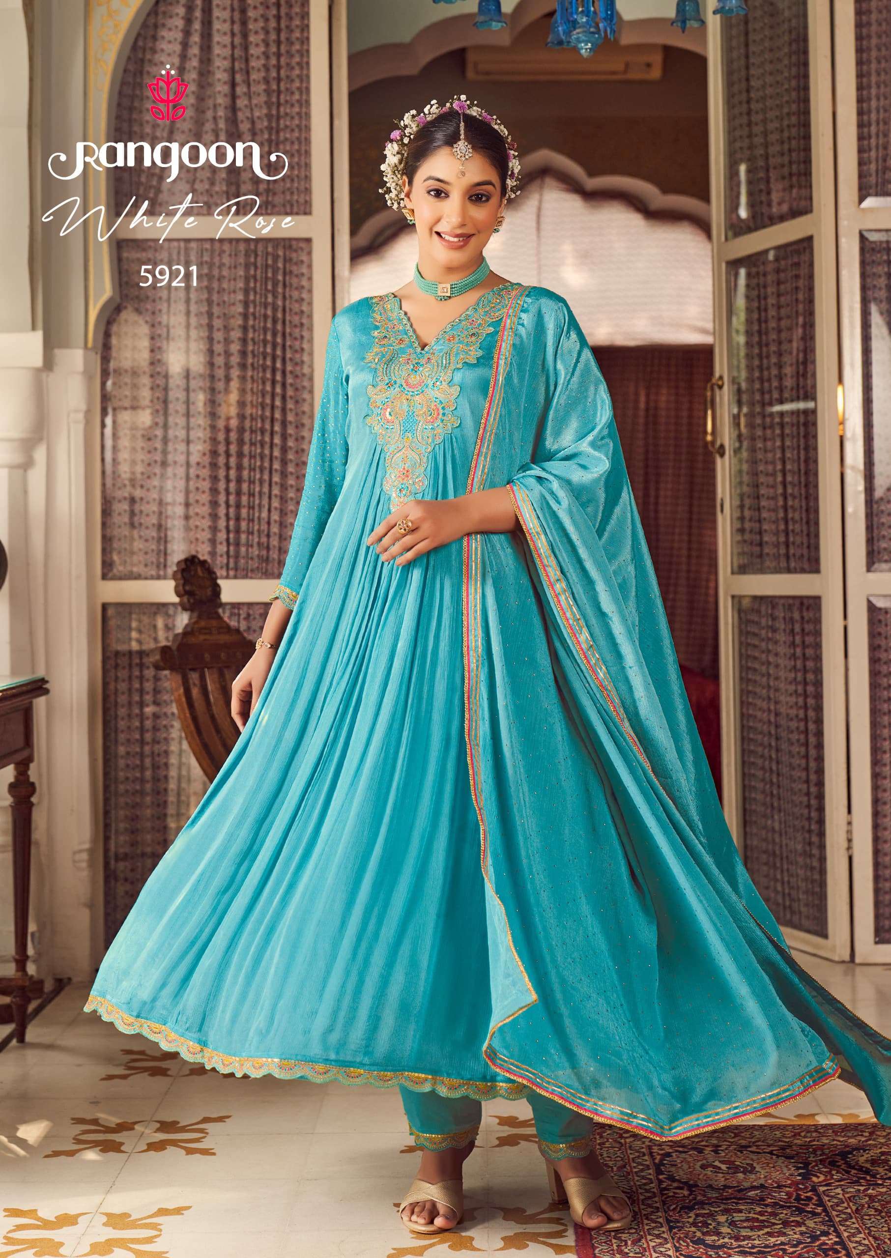 RANGOON CHINON KHATLI MIRROR HANDWORK PARTY WEAR READYMADE SUIT