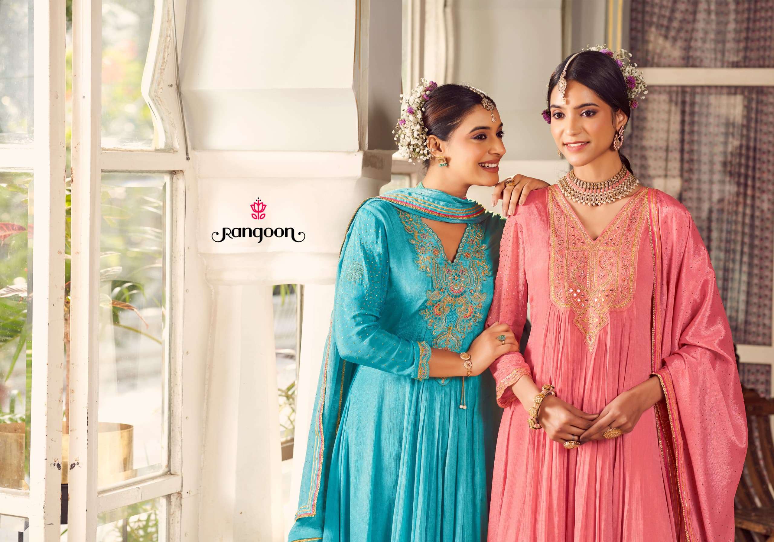 RANGOON CHINON KHATLI MIRROR HANDWORK PARTY WEAR READYMADE SUIT