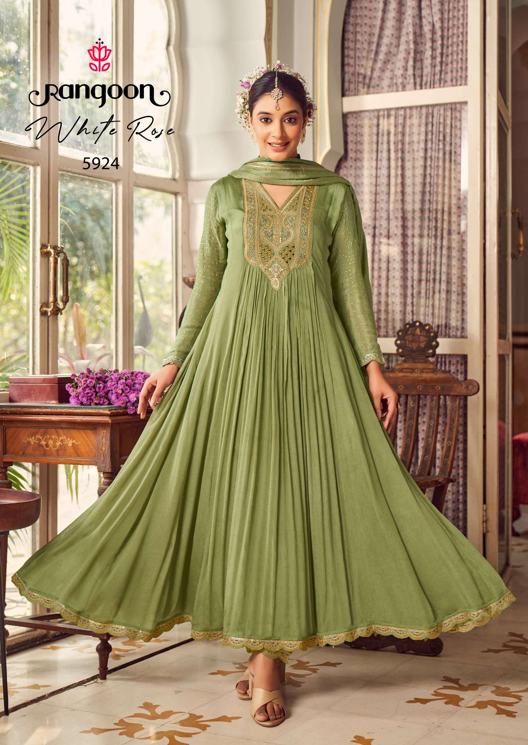 RANGOON CHINON KHATLI MIRROR HANDWORK PARTY WEAR READYMADE SUIT