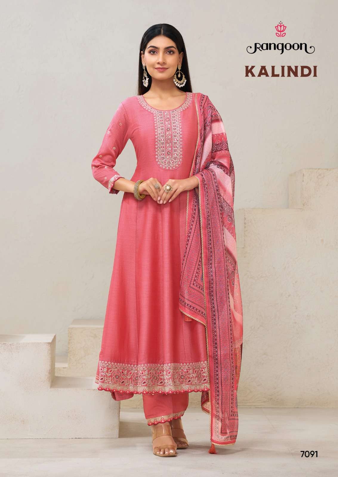 RANGOON  KALINDI SILK FANCY EMBROIDERY DESIGNER ANARKALI STYLE LADIES SUIT