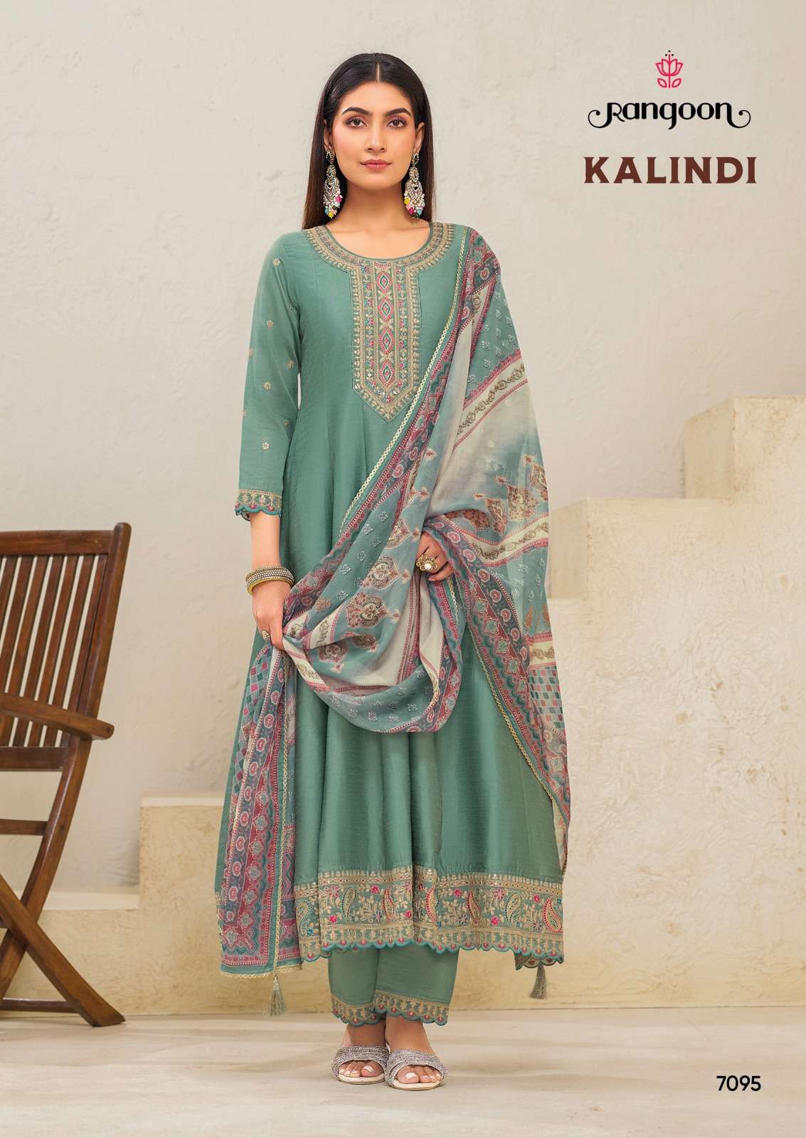 RANGOON  KALINDI SILK FANCY EMBROIDERY DESIGNER ANARKALI STYLE LADIES SUIT