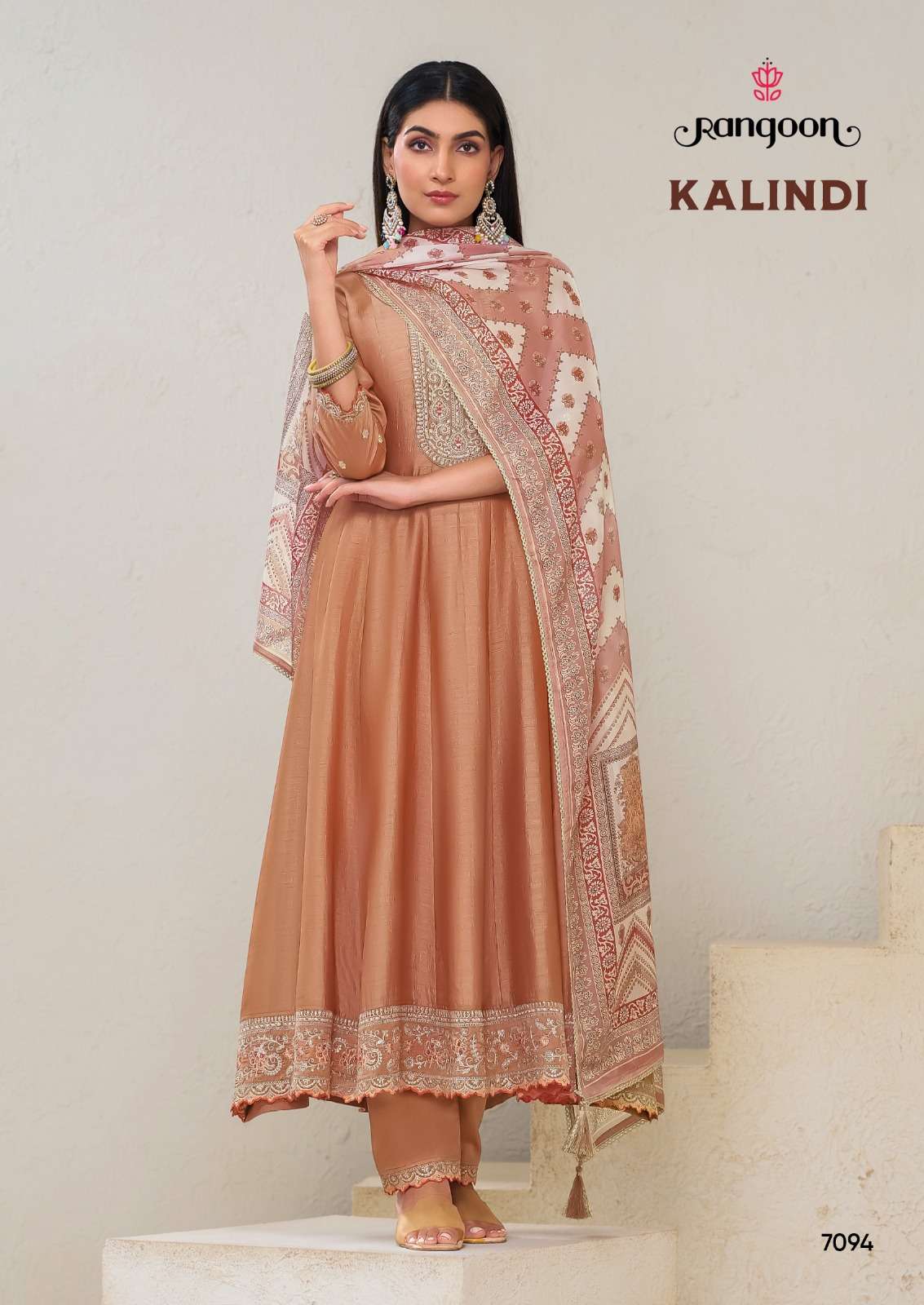 RANGOON  KALINDI SILK FANCY EMBROIDERY DESIGNER ANARKALI STYLE LADIES SUIT