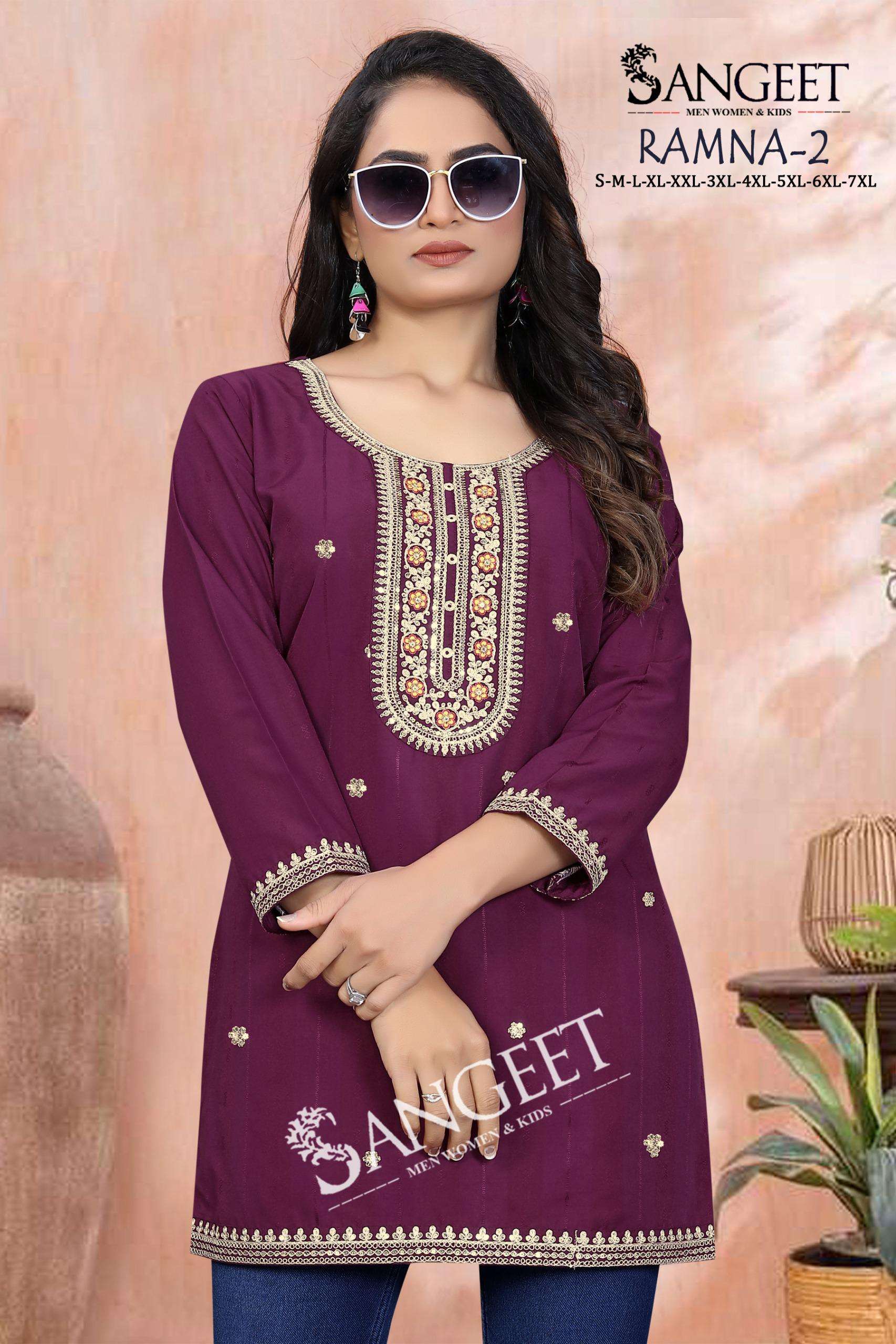 SANGEET RAMNA VOL 2 RAYON FANCY WORKS LADIES SHORT KURTI 