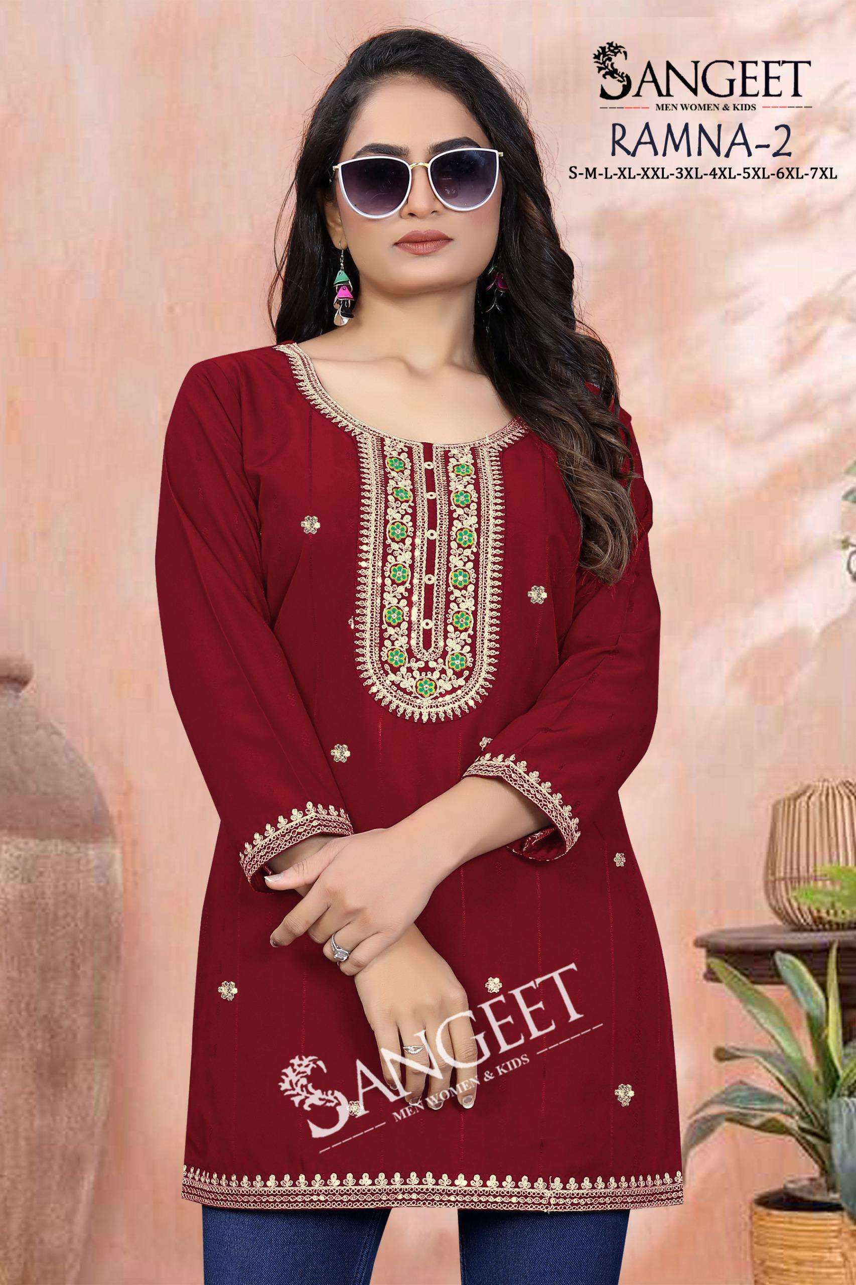 SANGEET RAMNA VOL 2 RAYON FANCY WORKS LADIES SHORT KURTI 