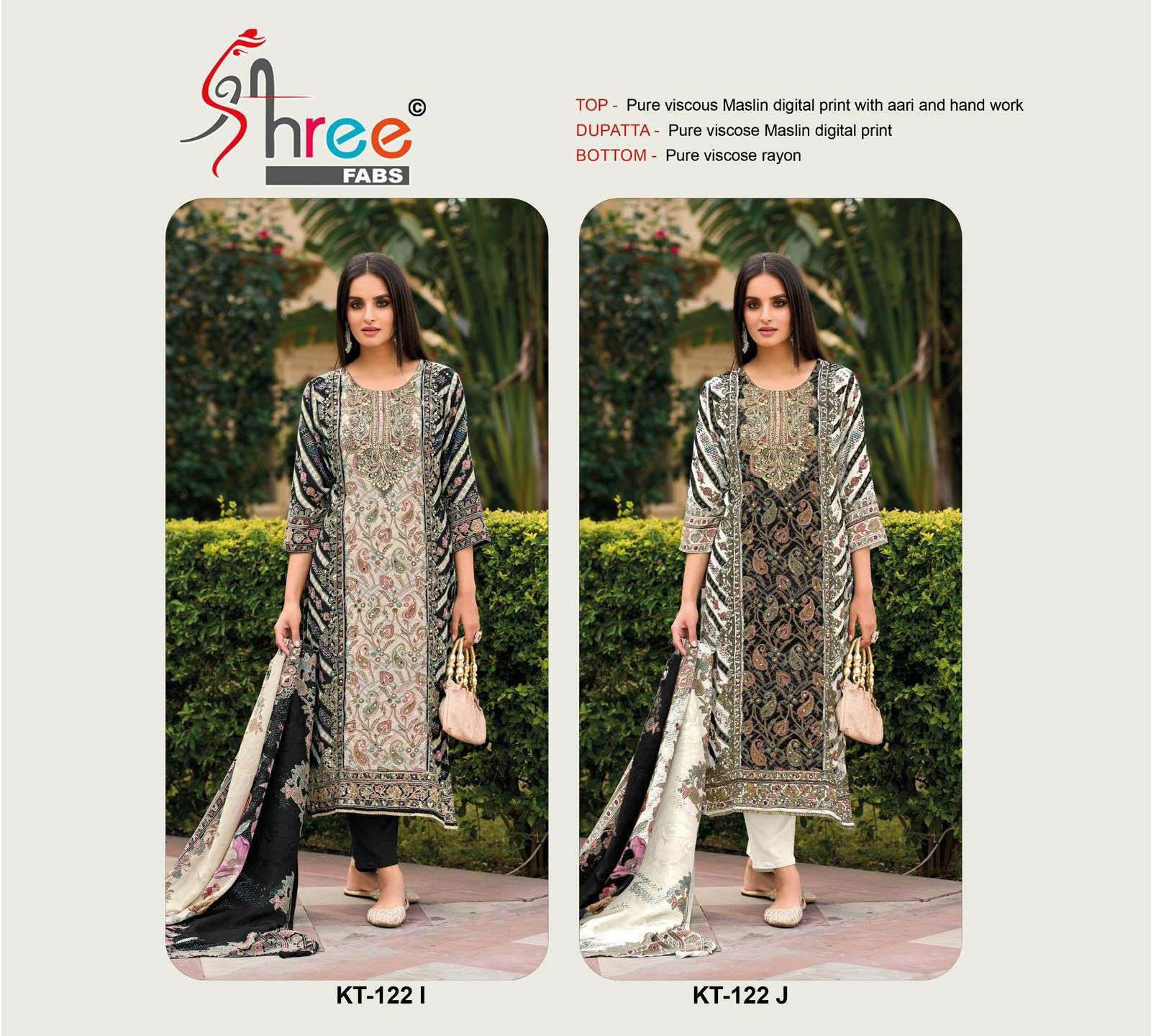 SHREE FAB DESIGN NO - KT 122 IJ PURE VISCOSE MUSLIN DIGITAL PRINT AARI HAND WORK PARTY WEAR SUIT 
