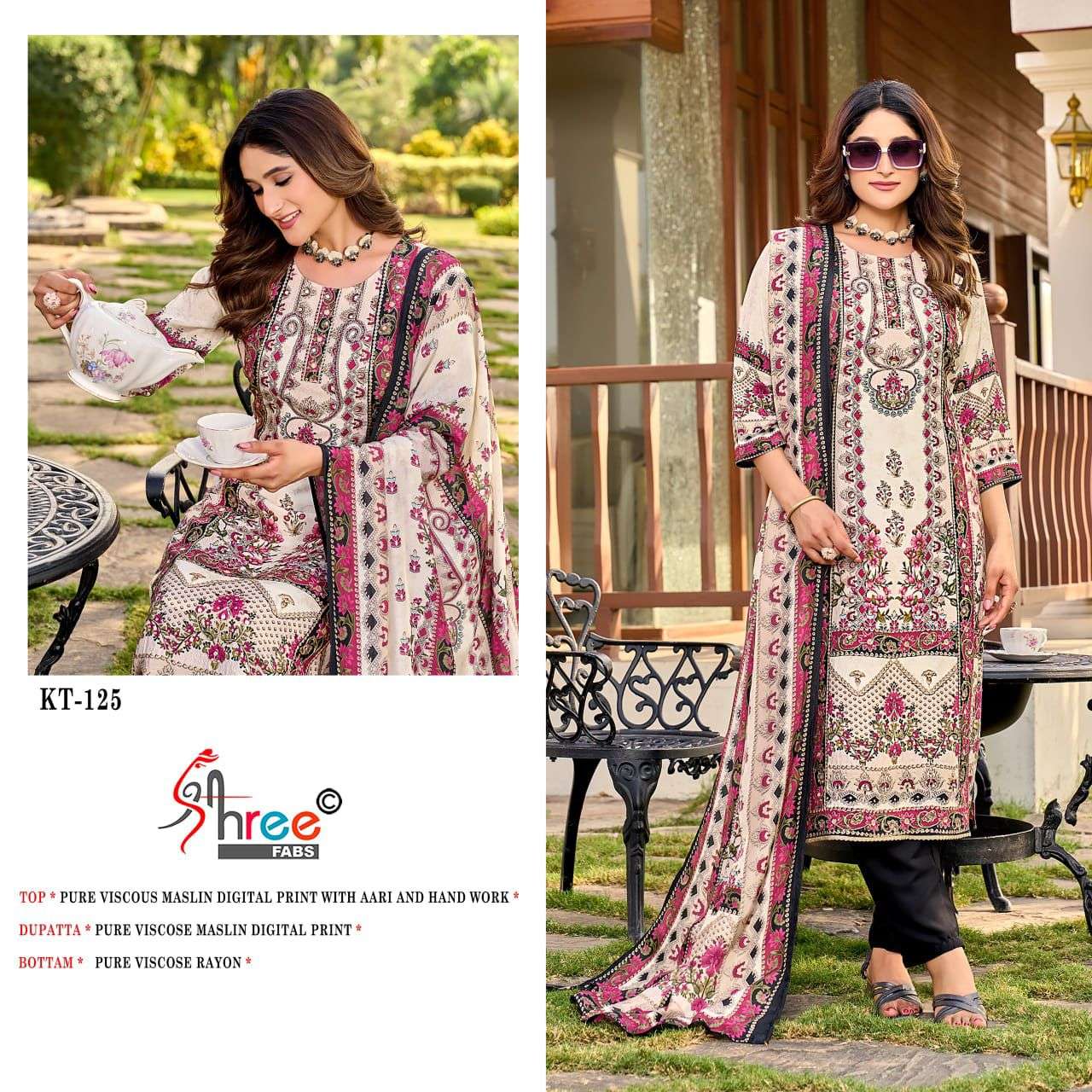 SHREE FAB DESIGN NO - KT 125  PURE VISCOSE MUSLIN DIGITAL PRINT AARI HAND WORK PARTY WEAR SUIT 