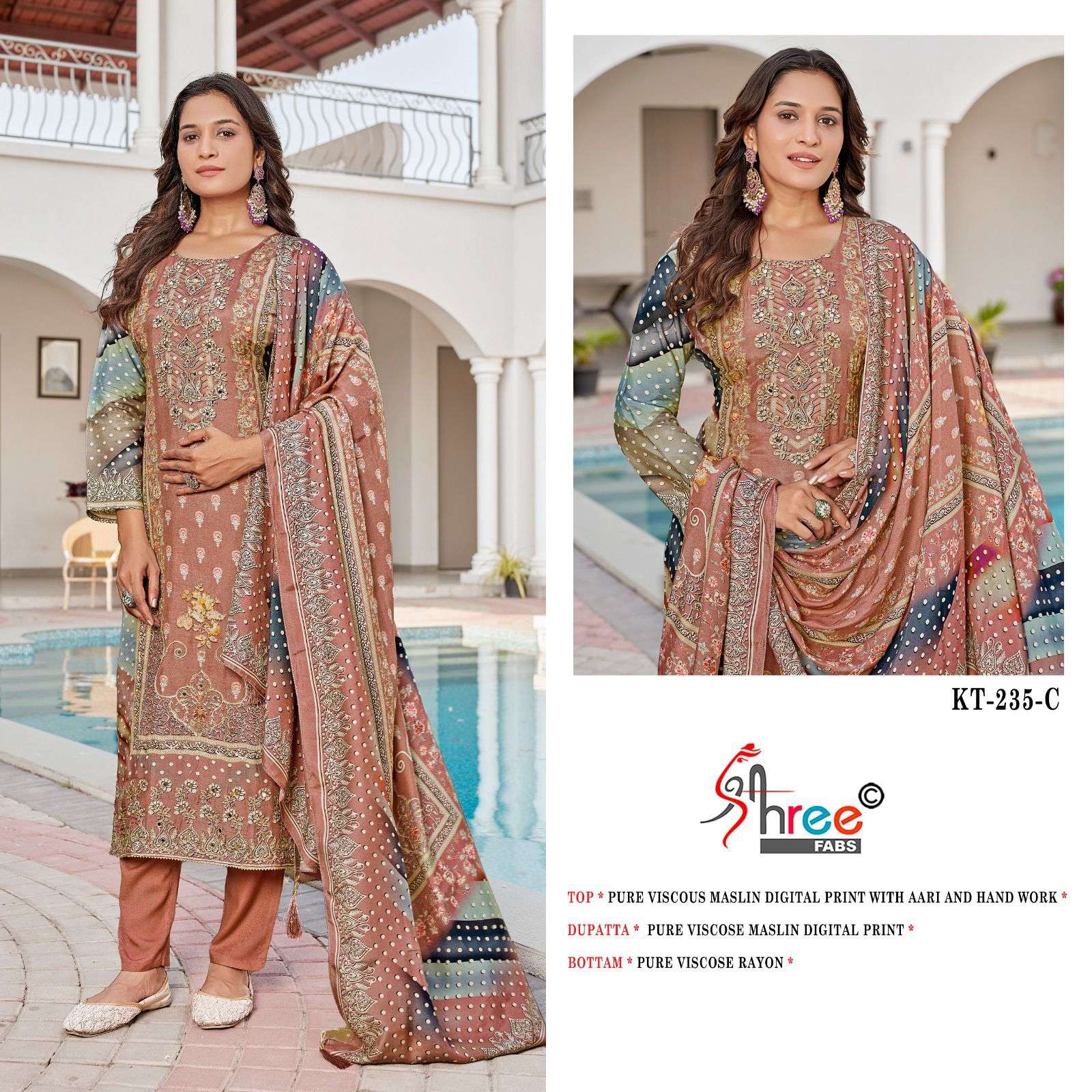SHREE FAB DESIGN NO - KT - 235 PURE VISCOSE MUSLIN DIGITAL PRINT HANDWORK PAKISTANI SUIT 