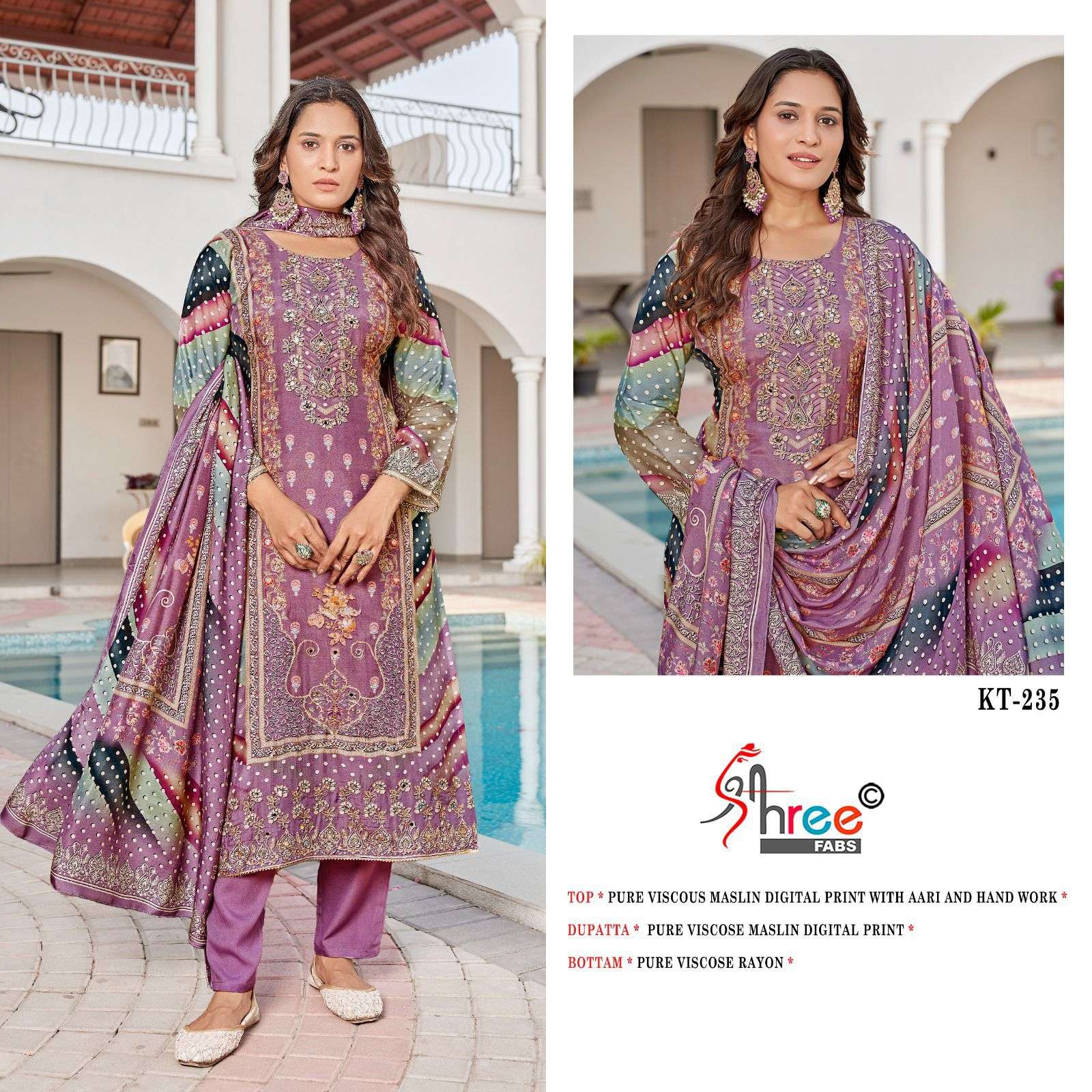 SHREE FAB DESIGN NO - KT - 235 PURE VISCOSE MUSLIN DIGITAL PRINT HANDWORK PAKISTANI SUIT 