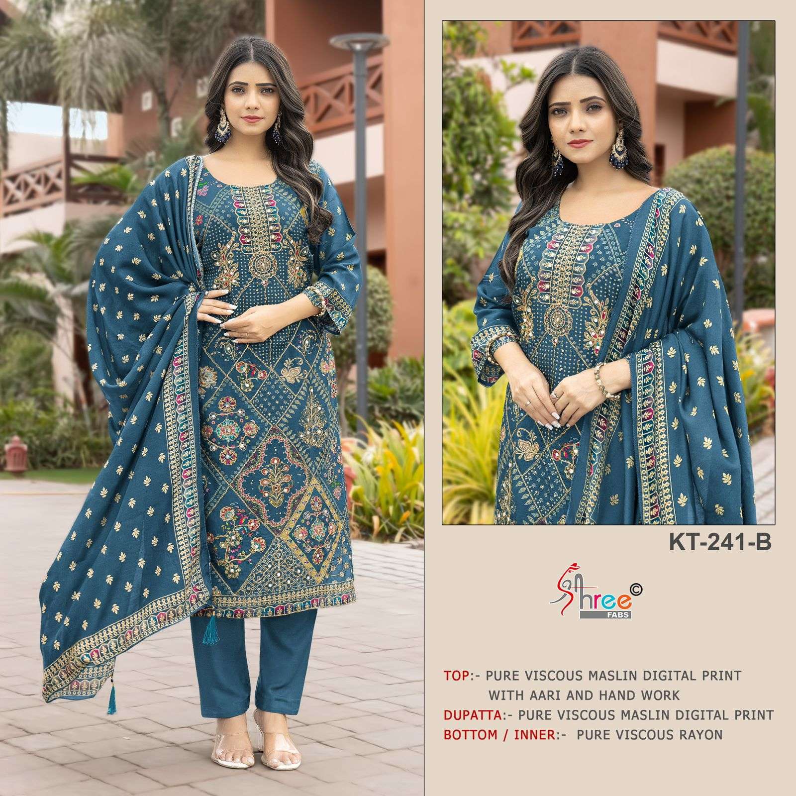 SHREE FAB DESIGN NO - KT - 241 PURE VISCOSE MUSLIN DIGITAL PRINT AARI HANDWORK PAKISTANI SUIT 