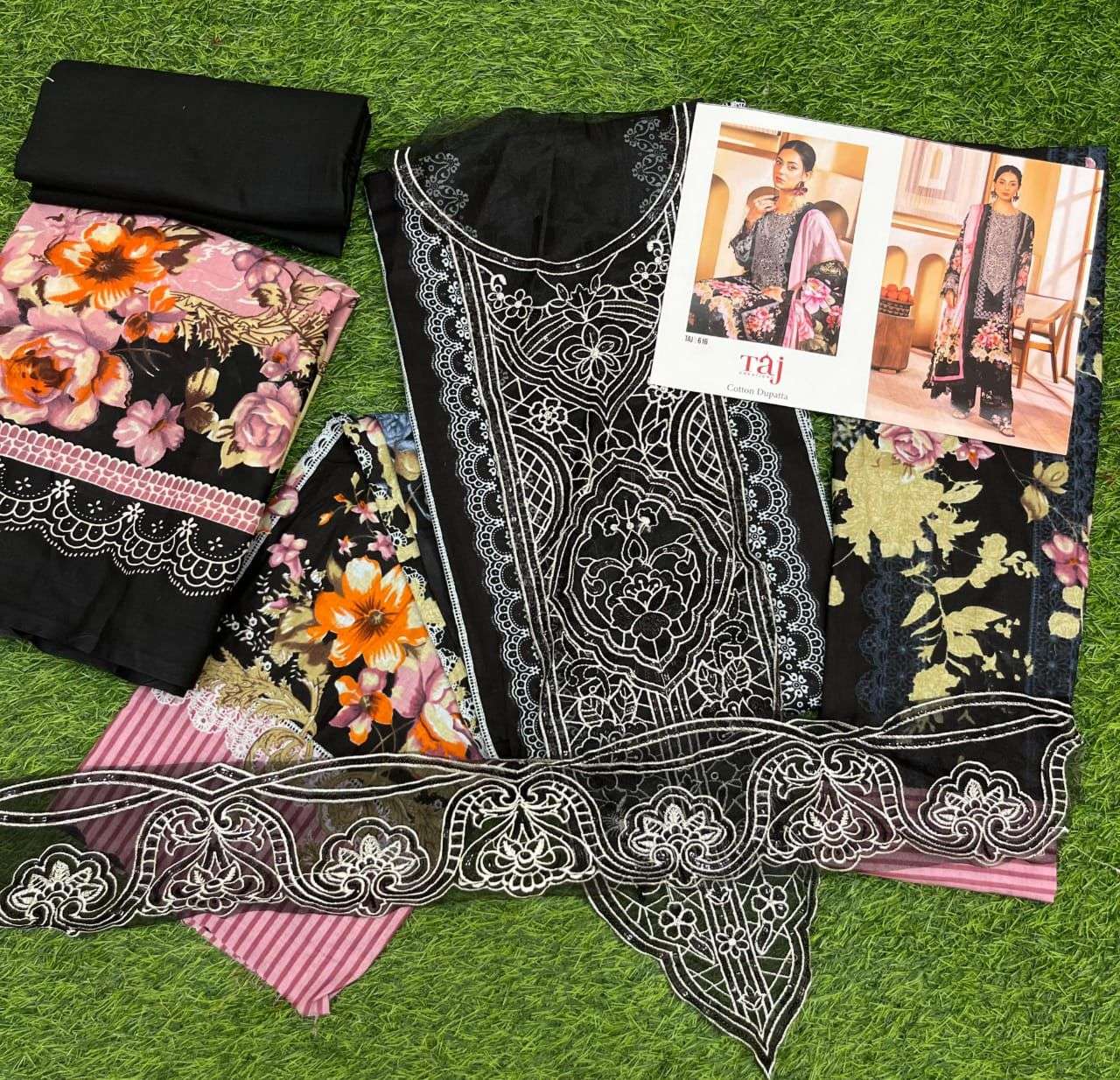 TAJ CREATIONS DESIGN NO - 616 PURE COTTON PRINT HEAVY EMBROIDERED PATCH PAKISTANI SALWAR SUIT 
