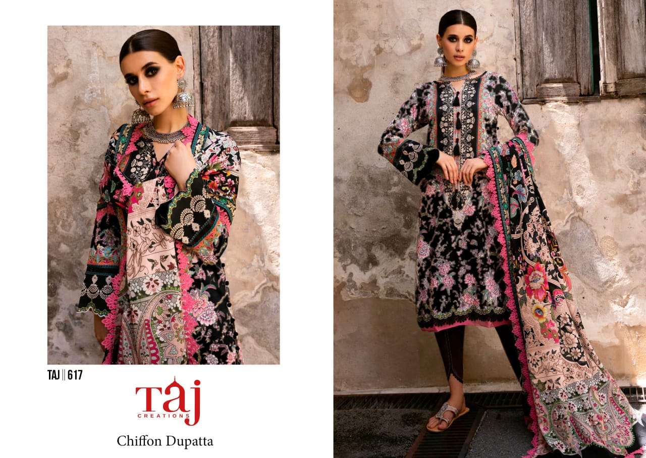 TAJ CREATIONS DESIGN NO - 617 - 618  PURE COTTON PRINT HEAVY EMBROIDERED PATCH PAKISTANI SALWAR SUIT 