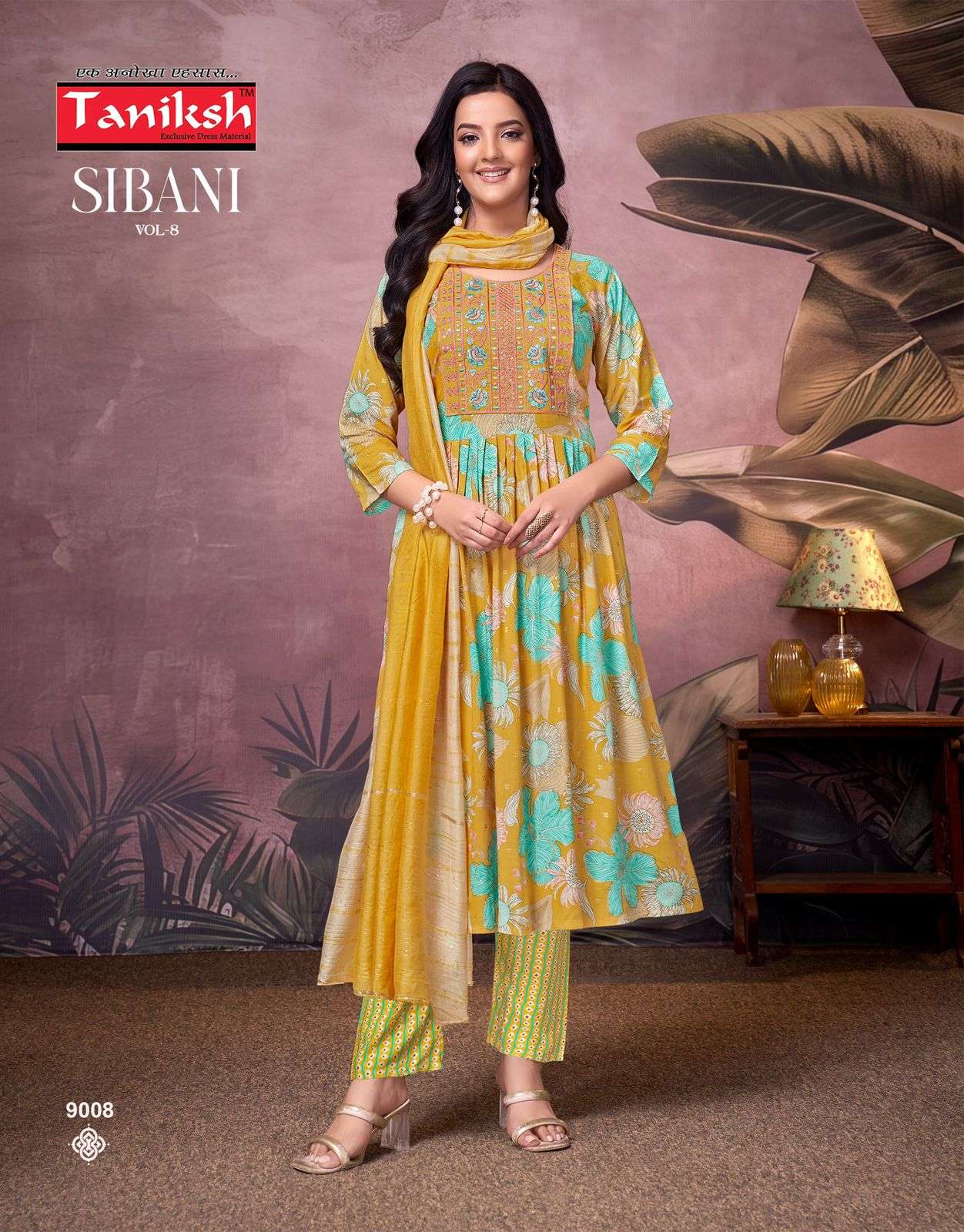 TANIKSH SIBANI VOL 9 RAYON PRINTED NAIRA CUT FANCY KURTI COMBO SET 