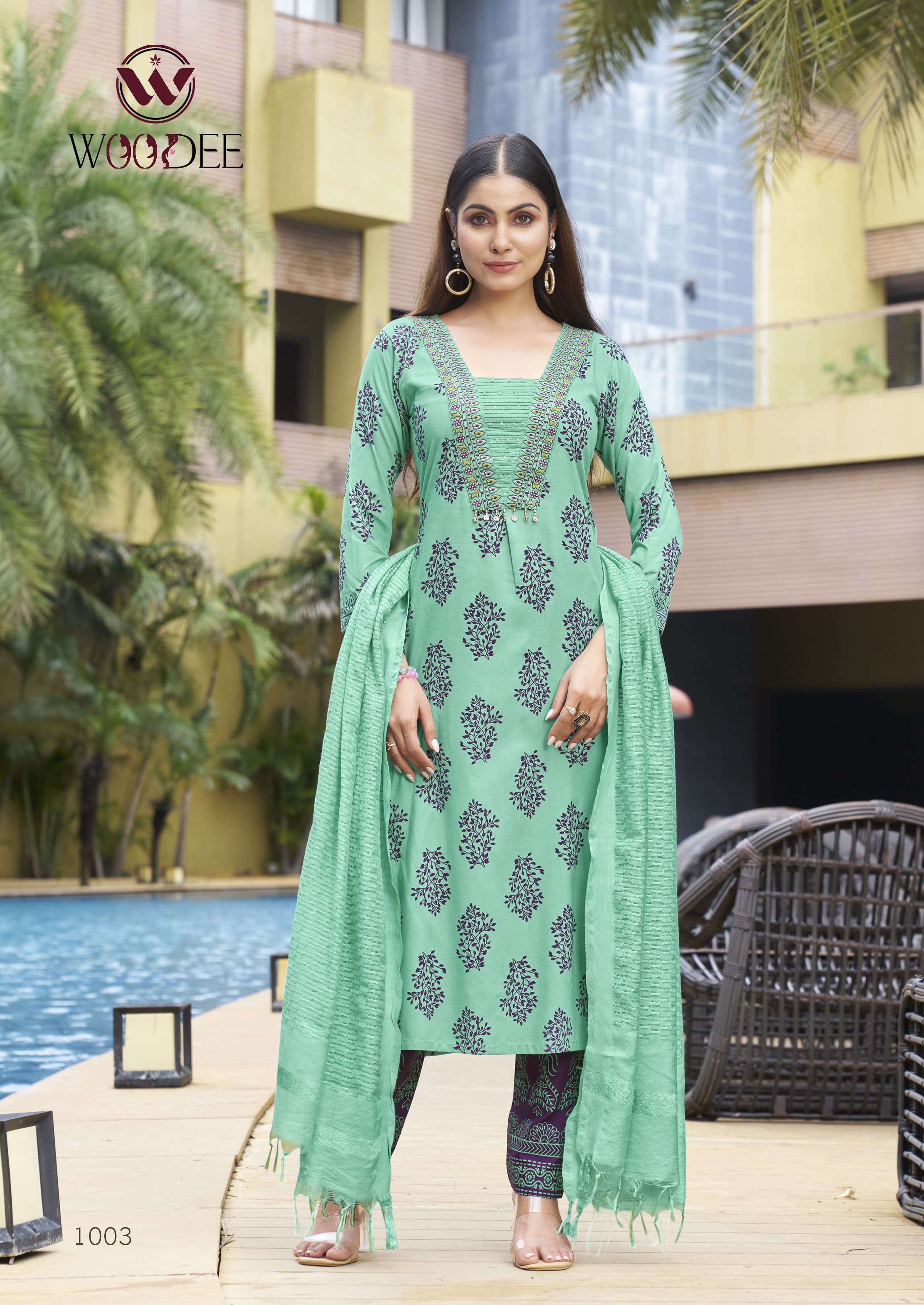 WOODEE KAIRAA RAYON PRINTED FANCY WORKS LADIES KURTI COMBO SET 