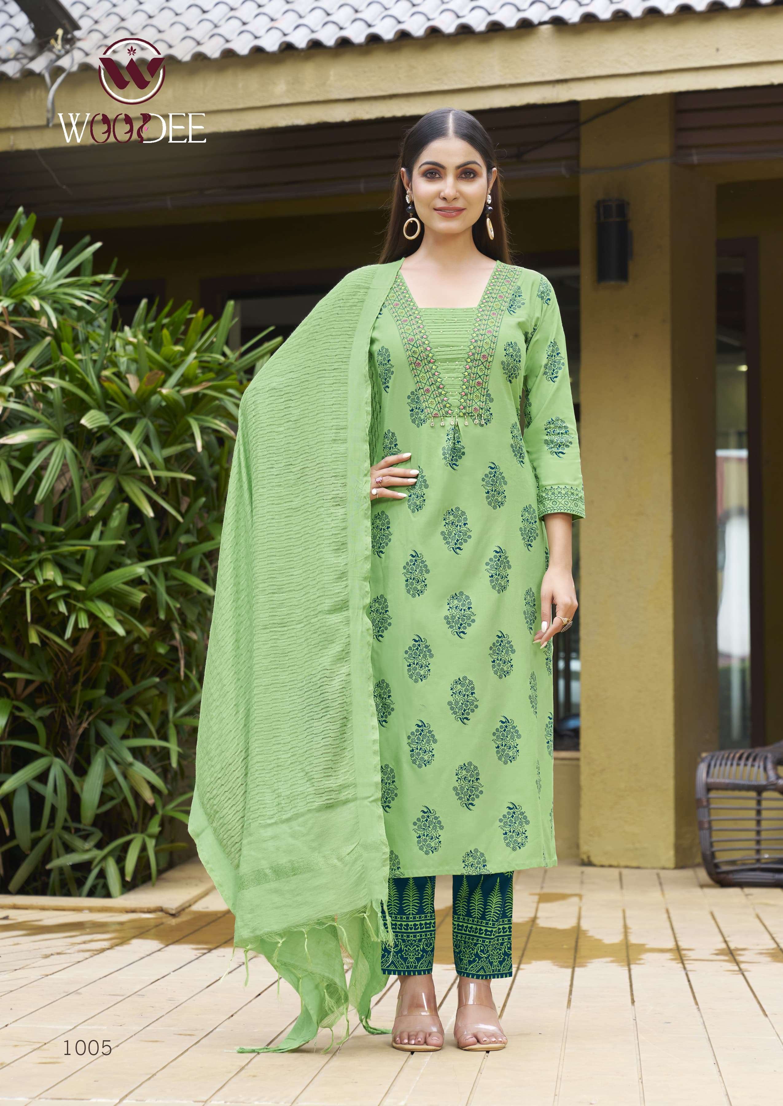WOODEE KAIRAA RAYON PRINTED FANCY WORKS LADIES KURTI COMBO SET 