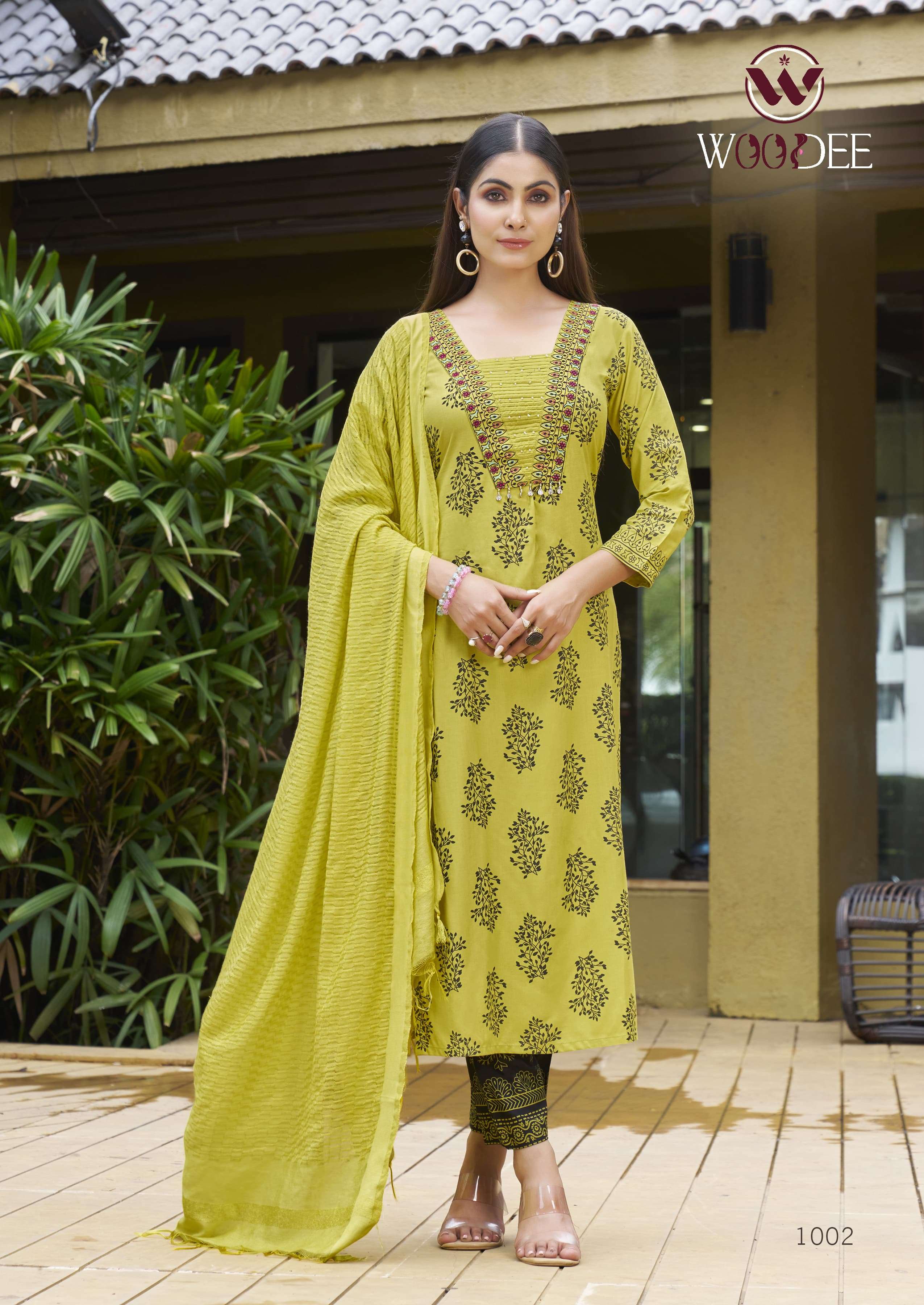 WOODEE KAIRAA RAYON PRINTED FANCY WORKS LADIES KURTI COMBO SET 
