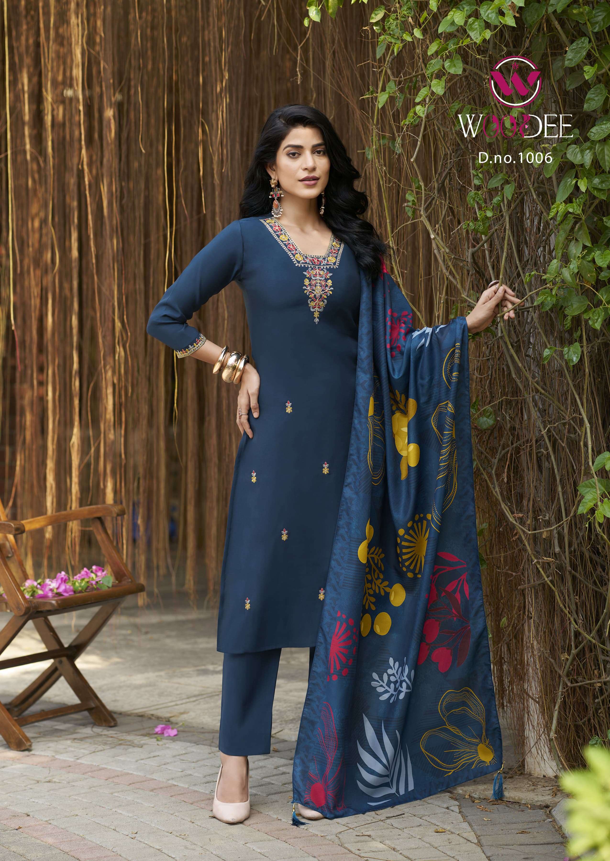 WOODEE MIRALEE VISCOSE SILK FANCY EMBROIDERIES WORK KURTI BOTTOM AND DUPATTA SET 