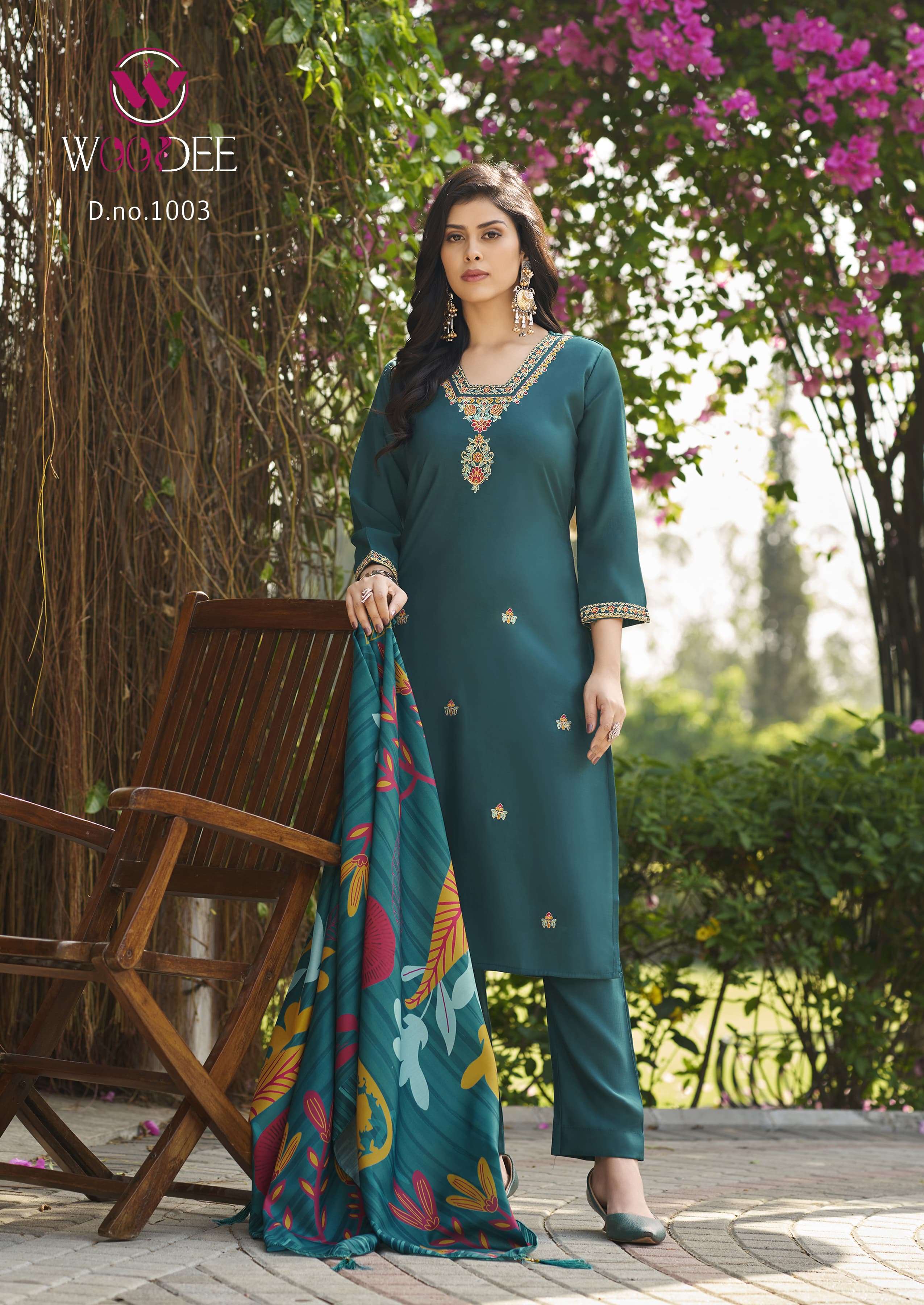 WOODEE MIRALEE VISCOSE SILK FANCY EMBROIDERIES WORK KURTI BOTTOM AND DUPATTA SET 