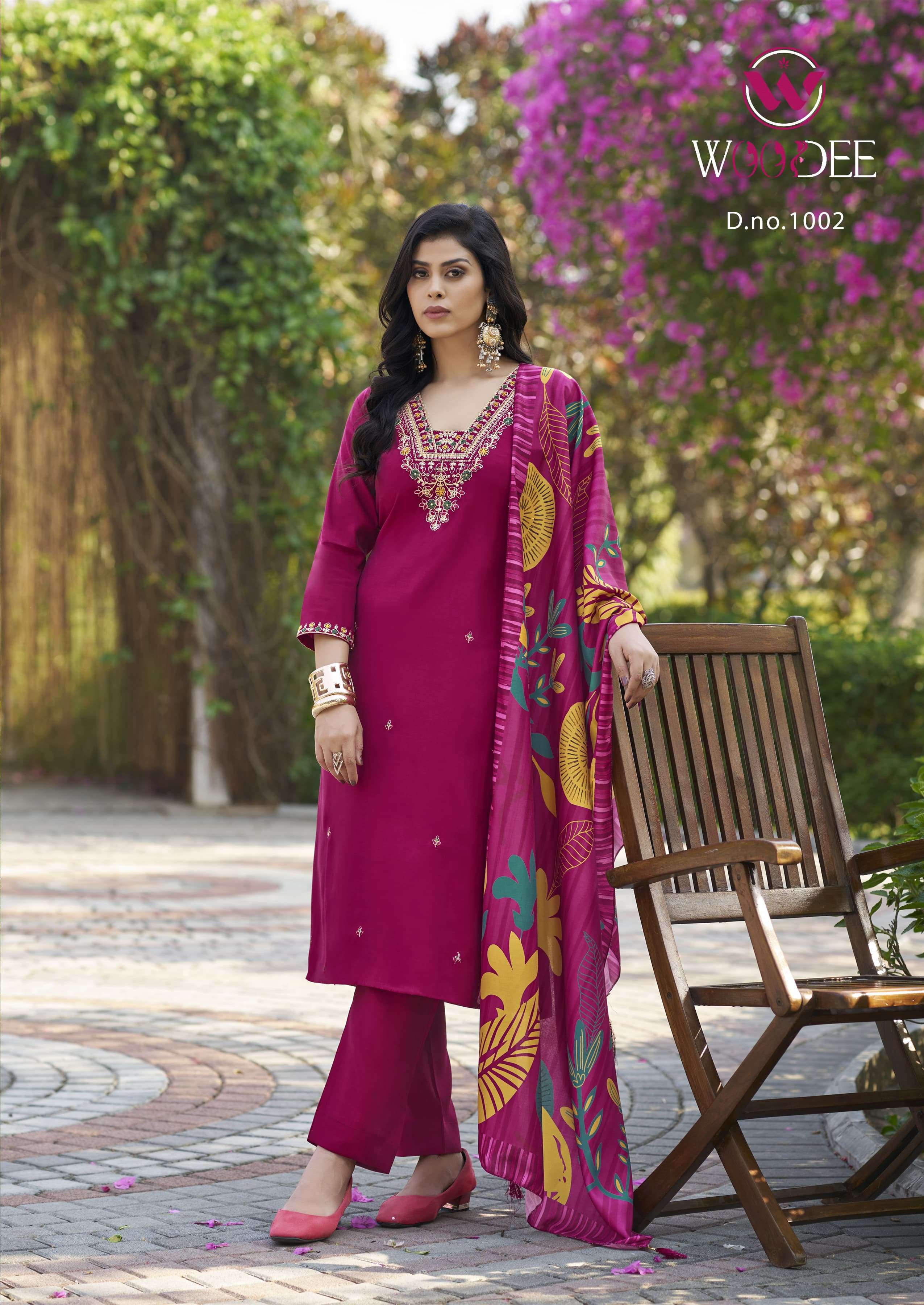 WOODEE MIRALEE VISCOSE SILK FANCY EMBROIDERIES WORK KURTI BOTTOM AND DUPATTA SET 