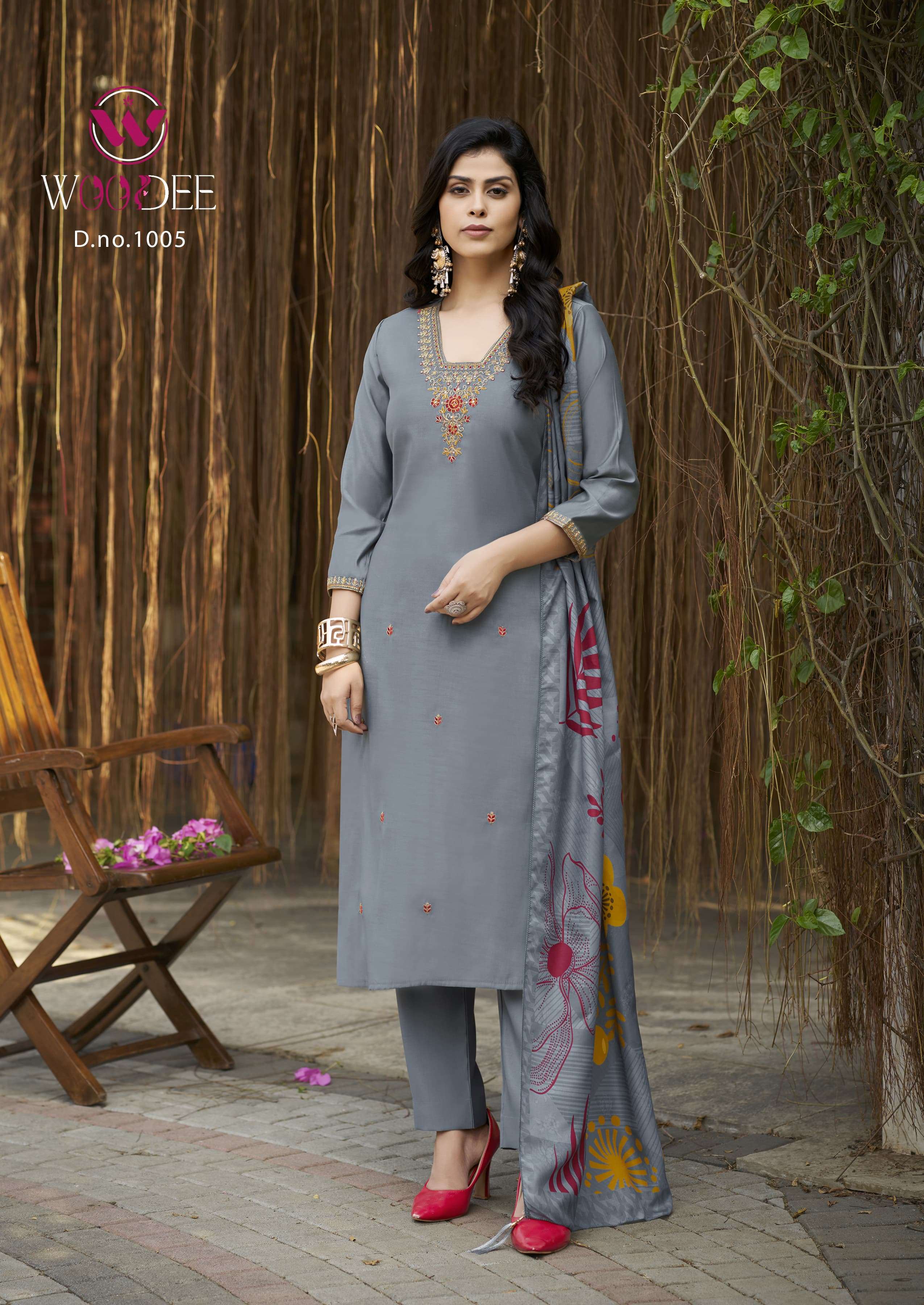 WOODEE MIRALEE VISCOSE SILK FANCY EMBROIDERIES WORK KURTI BOTTOM AND DUPATTA SET 