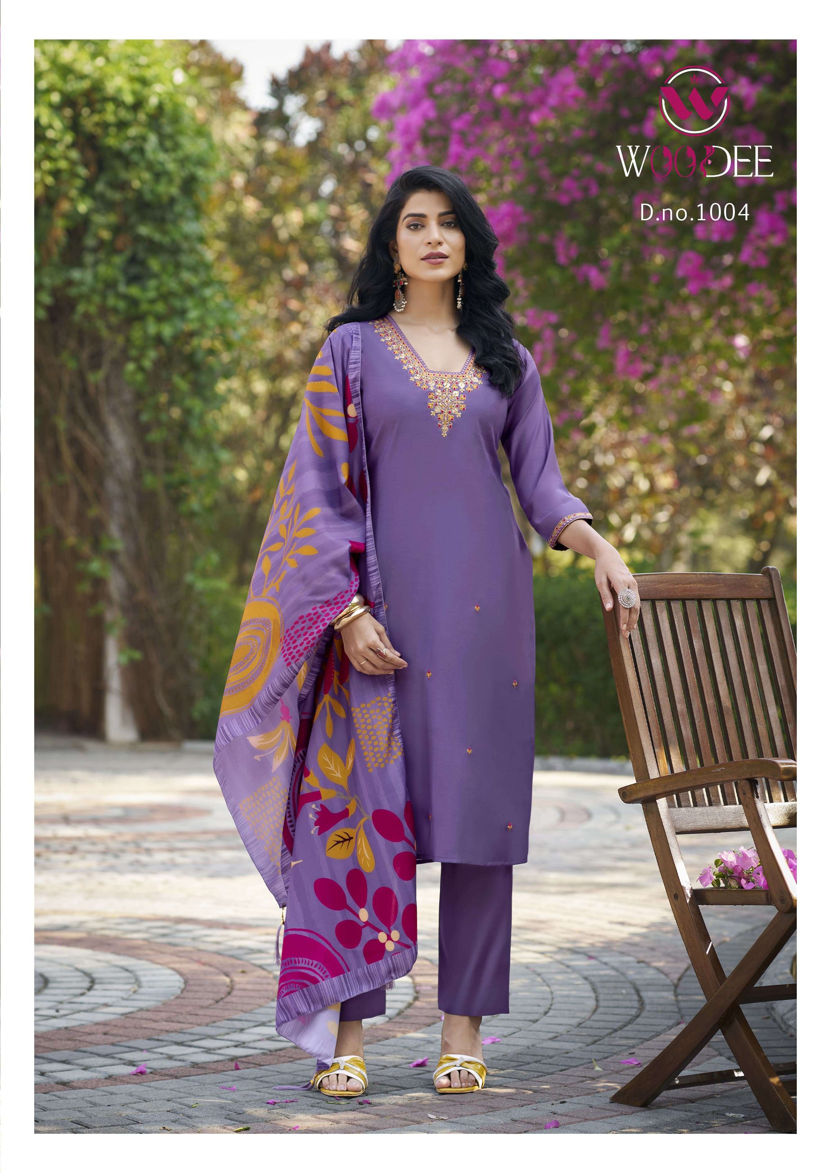 WOODEE MIRALEE VISCOSE SILK FANCY EMBROIDERIES WORK KURTI BOTTOM AND DUPATTA SET 