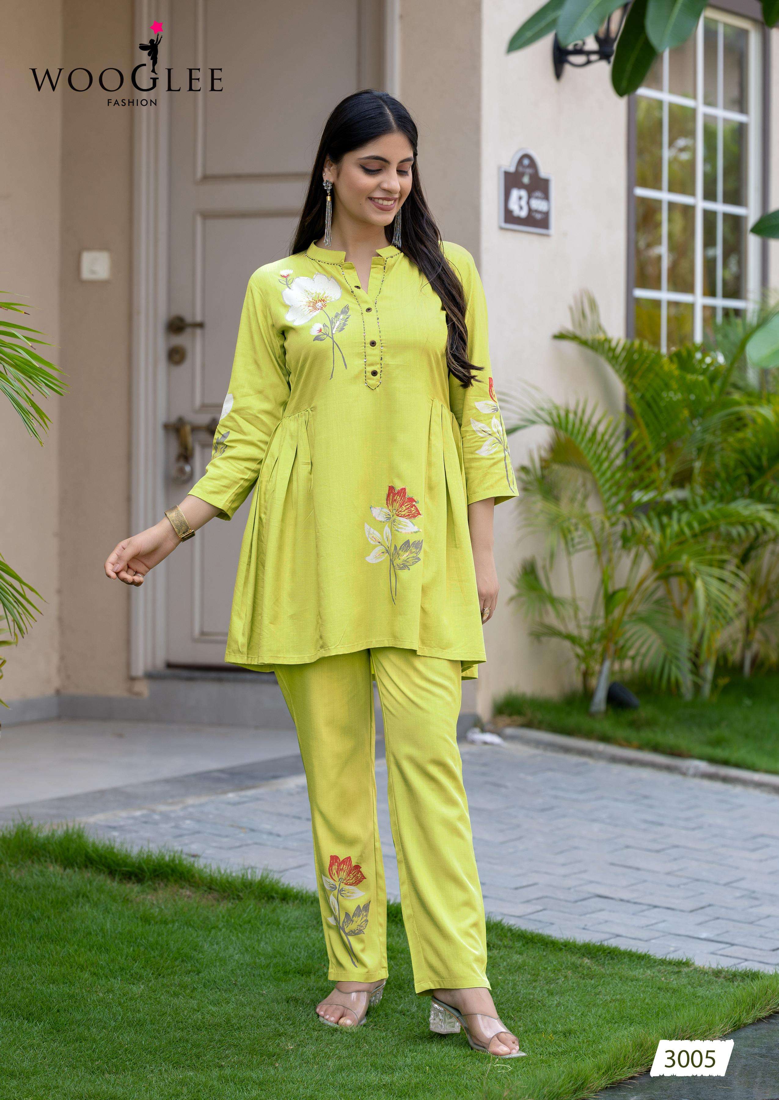 WOOGLEE TULIP VOL 2 RAYON FANCY WORKS LADIES KURTI WITH BOTTOM PAIR 