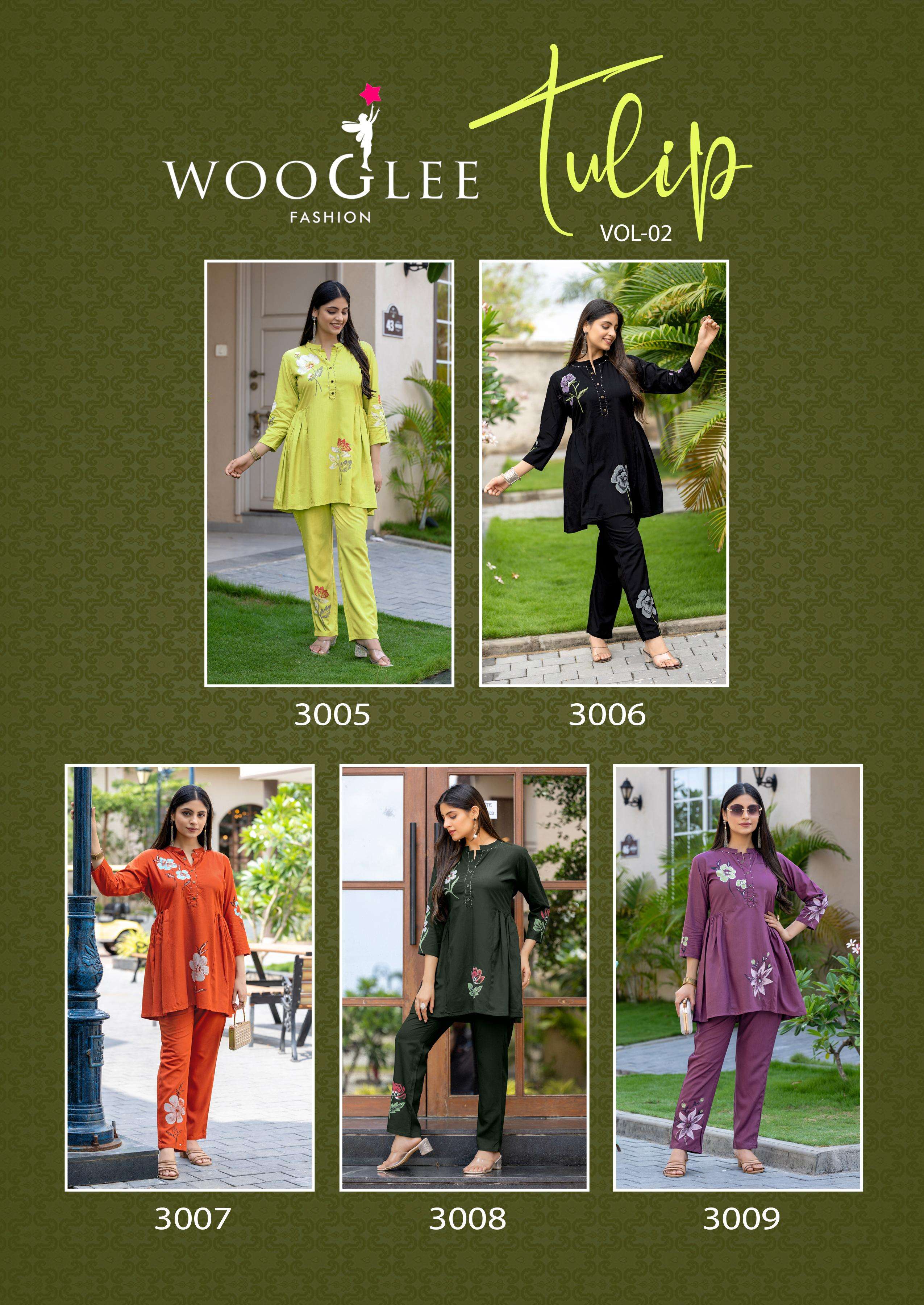 WOOGLEE TULIP VOL 2 RAYON FANCY WORKS LADIES KURTI WITH BOTTOM PAIR 