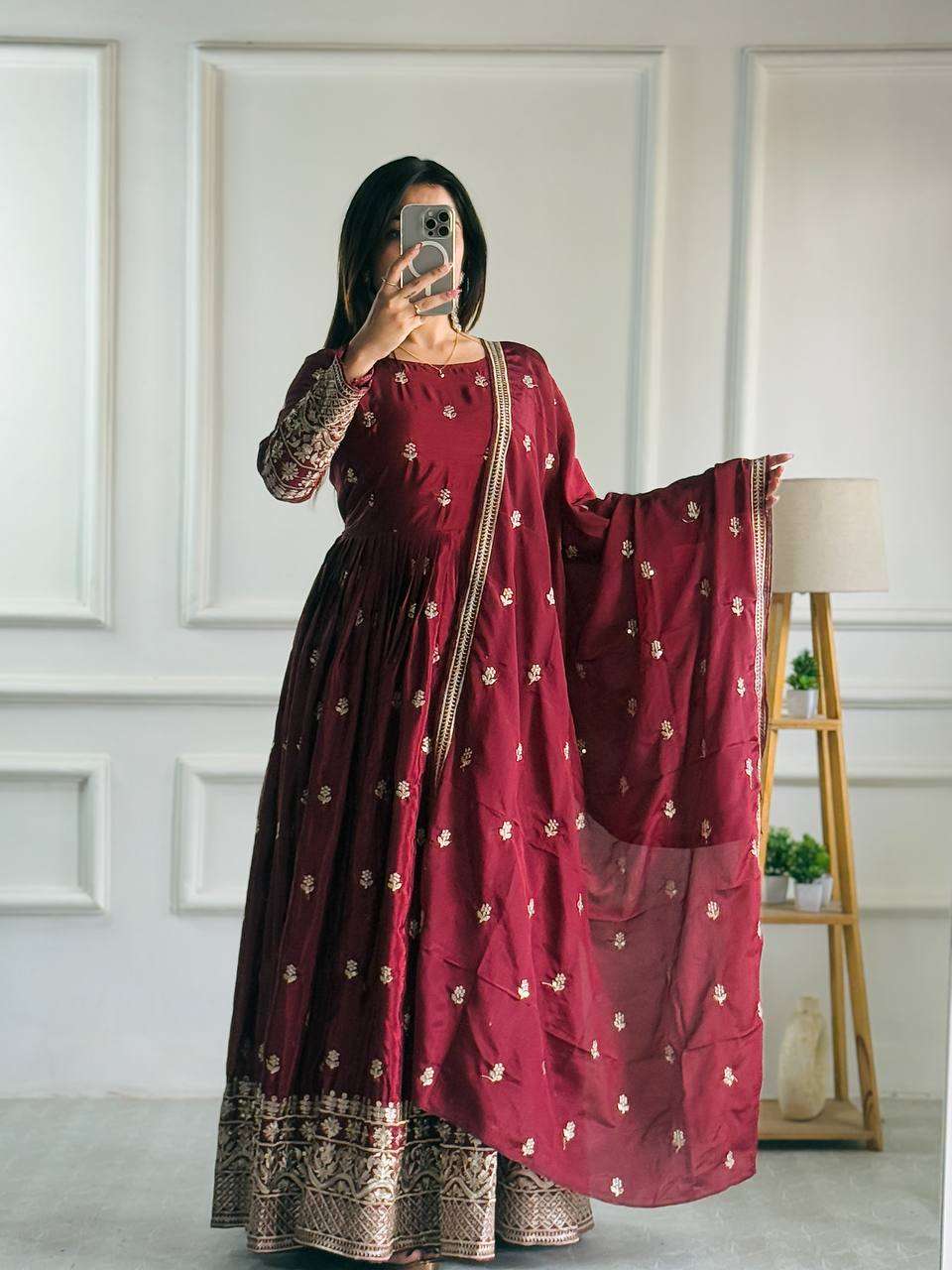 WW 1205 SILK HEAVY SEQUENCE EMBROIDERY GOWN WITH PANT AND DUPPATTA SET 