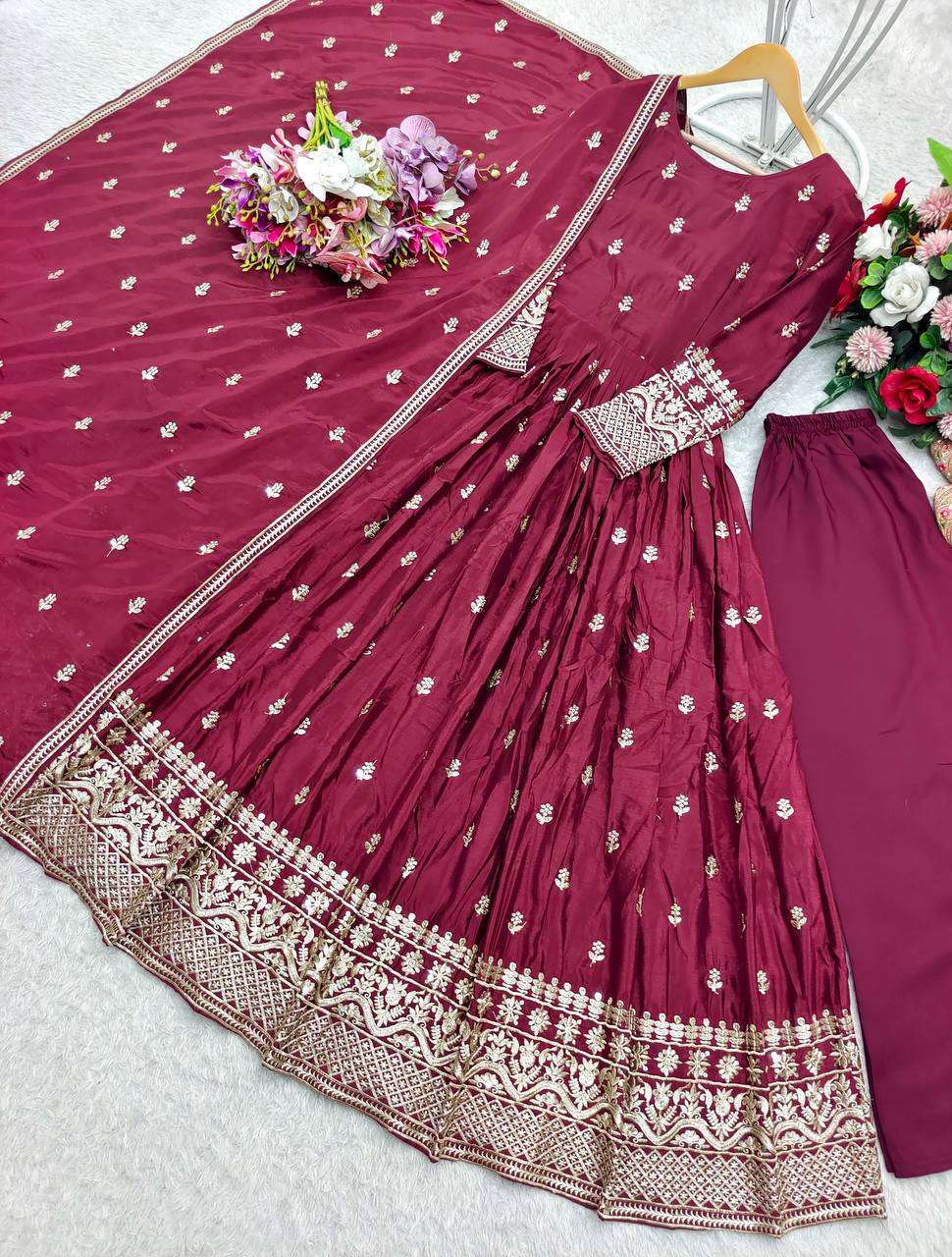 WW 1205 SILK HEAVY SEQUENCE EMBROIDERY GOWN WITH PANT AND DUPPATTA SET 
