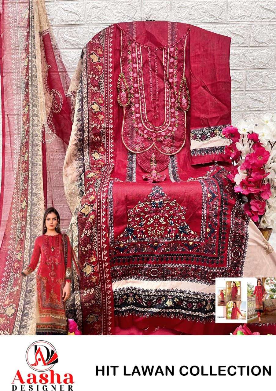AASHA DESIGNER DESIGN NO - 1075 PURE COTTON PRINT HEAVY EMBROIDERED PATCH PAKISTANI SUIT 