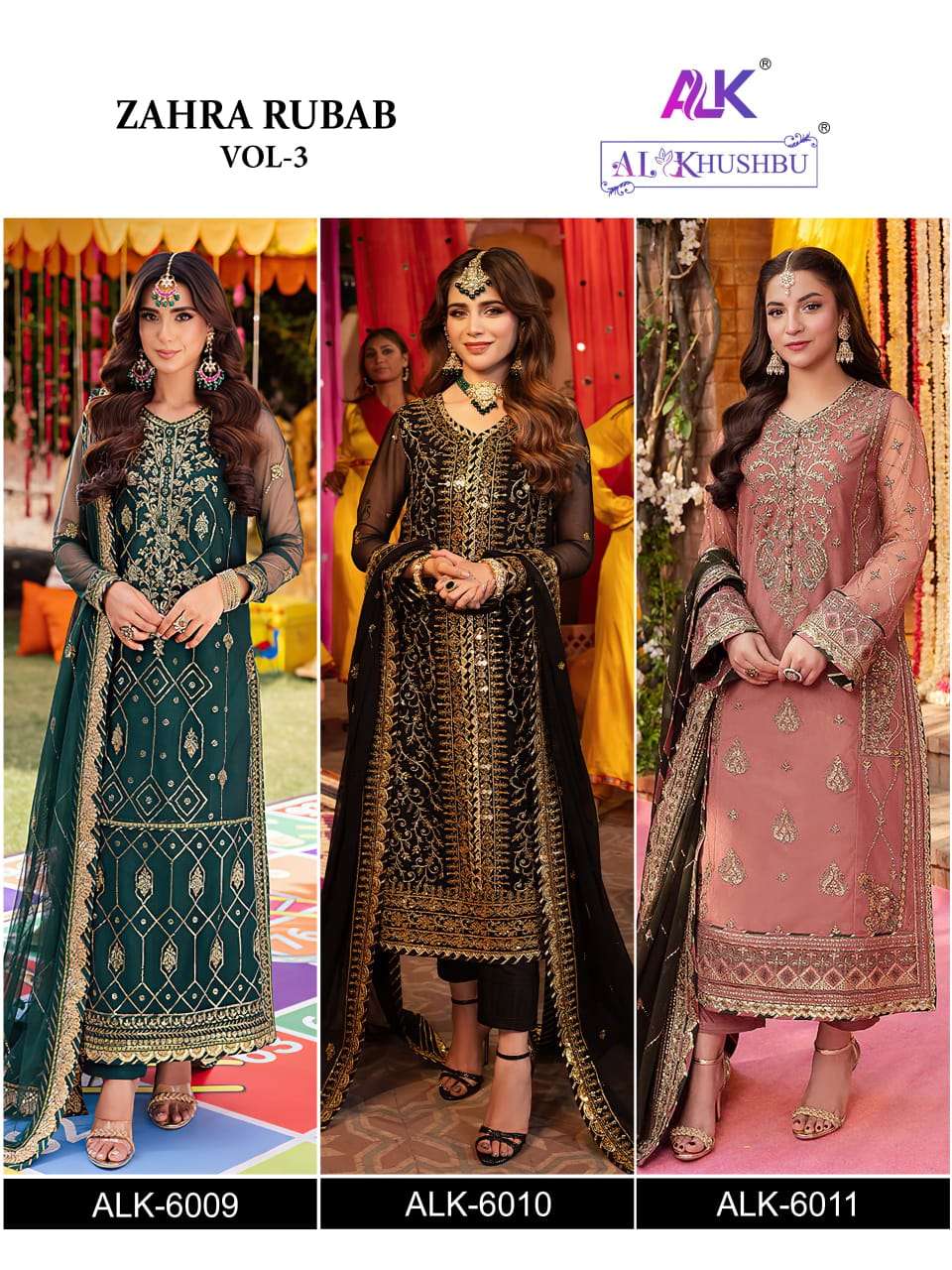 AL KHUSHBU DESIGN NO - 6009-6010-6011 GEORGETTE HEAVY EMBROIDERED PAKISTANI SUIT 