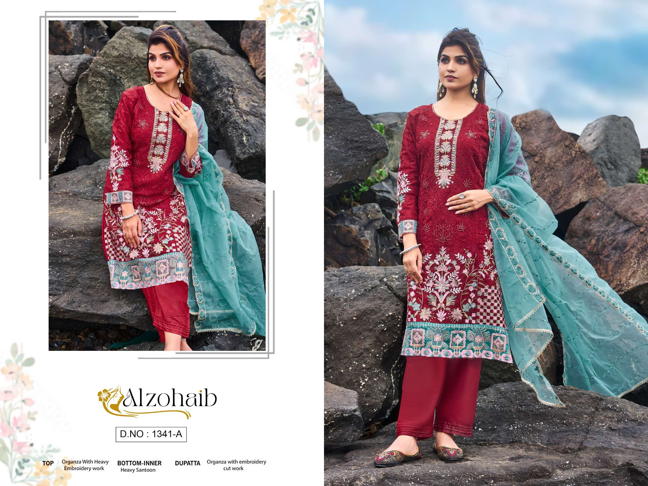 AL ZOHAIB D NO 1341 ORGANZA EMBROIDERY DESIGNER WORK PAKISTANI SUIT