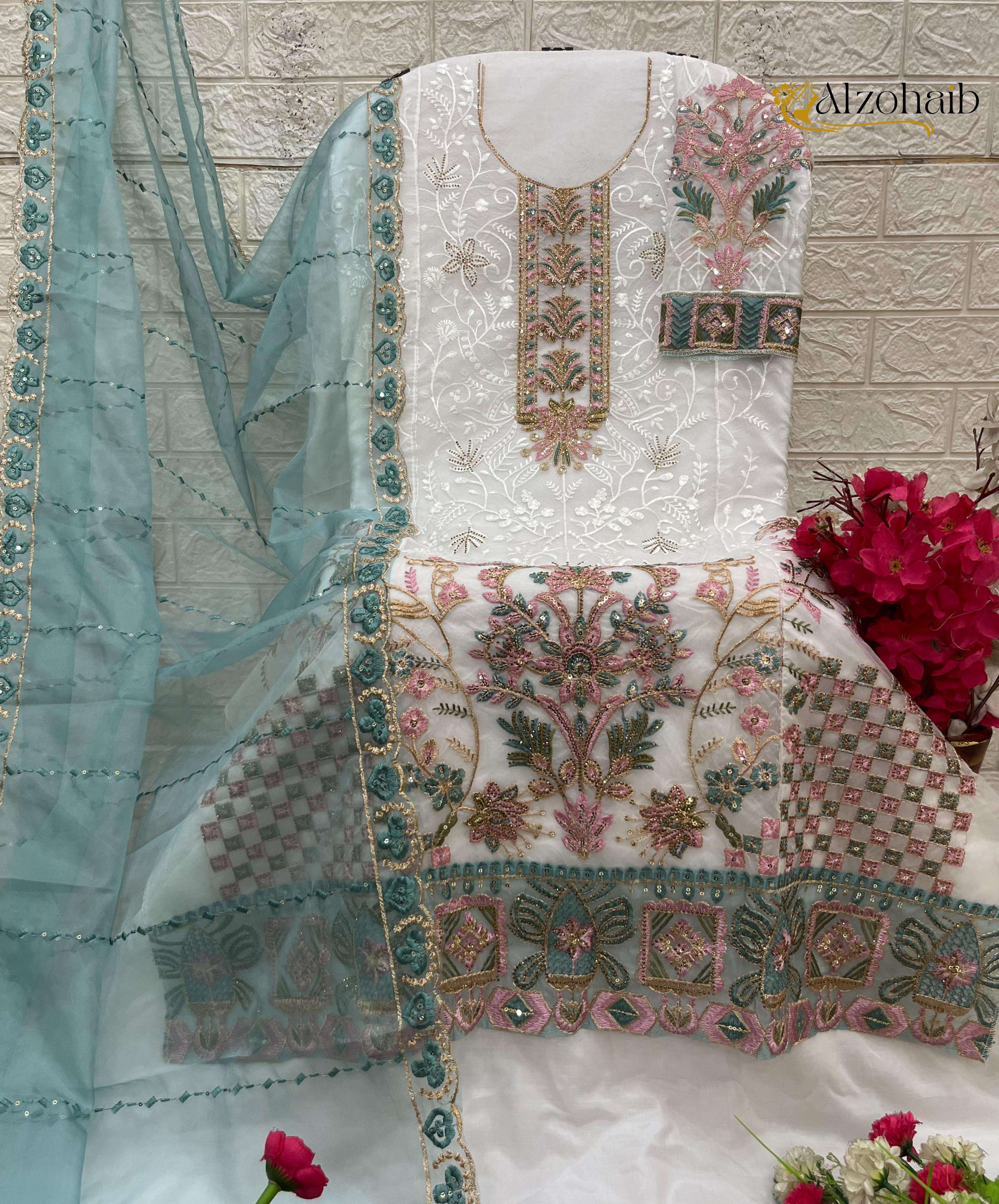 AL ZOHAIB D NO 1341 ORGANZA EMBROIDERY DESIGNER WORK PAKISTANI SUIT