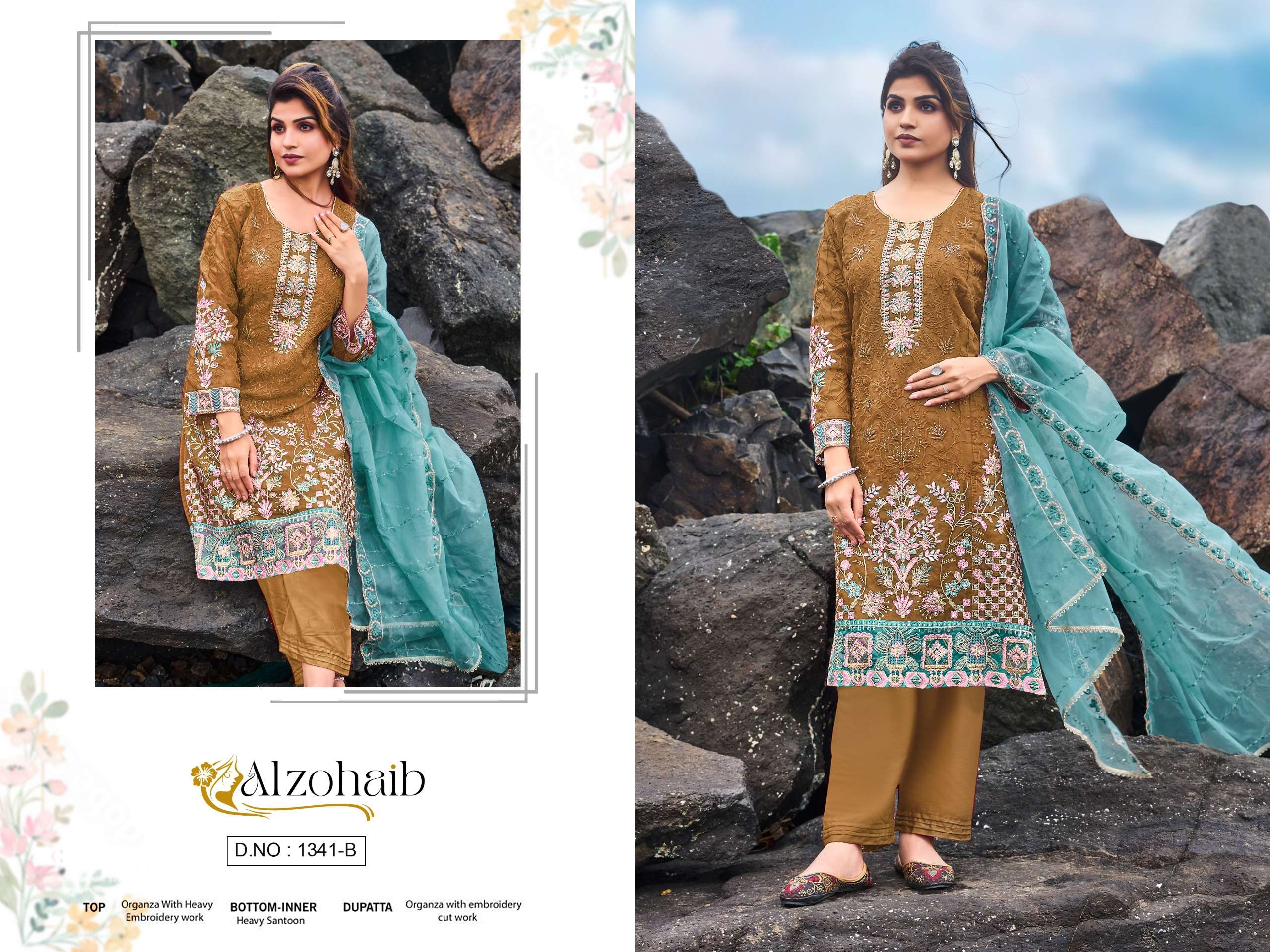 AL ZOHAIB D NO 1341 ORGANZA EMBROIDERY DESIGNER WORK PAKISTANI SUIT