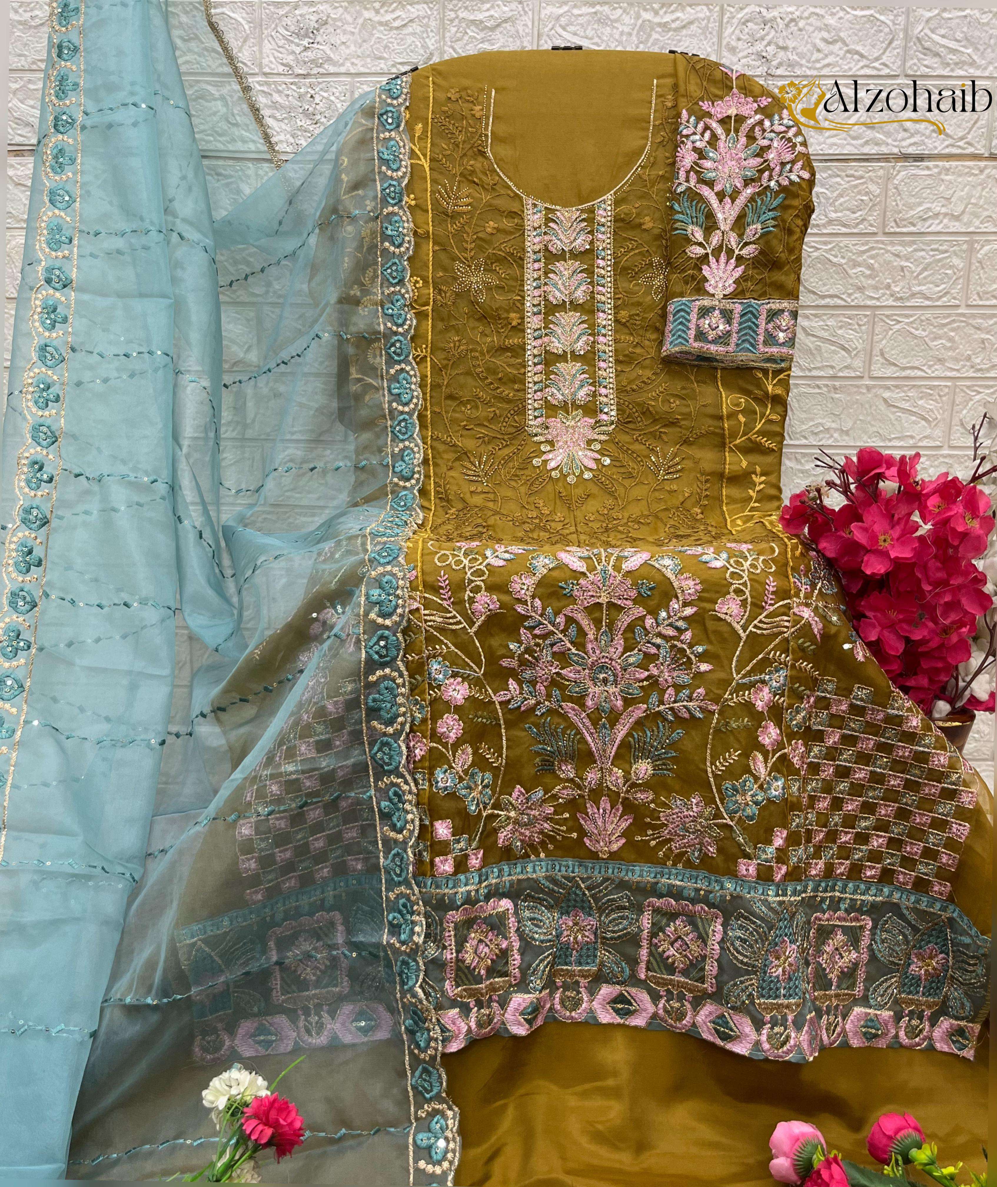 AL ZOHAIB D NO 1341 ORGANZA EMBROIDERY DESIGNER WORK PAKISTANI SUIT