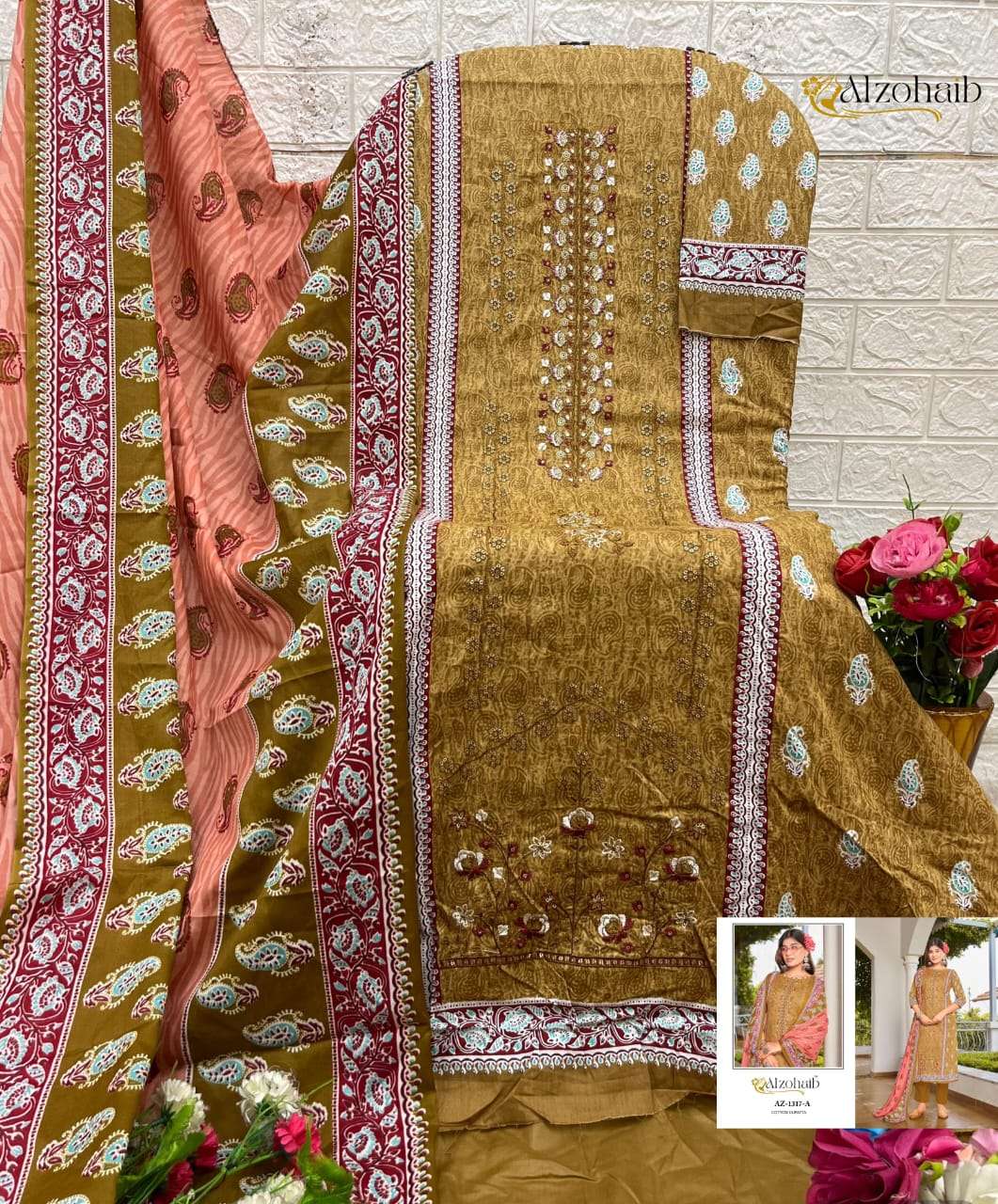 AL ZOHAIB DESIGN NO - 1316 AB-1317 AB PURE COTTON PRINT HEAVY SELF WORK PAKISTANI SUIT