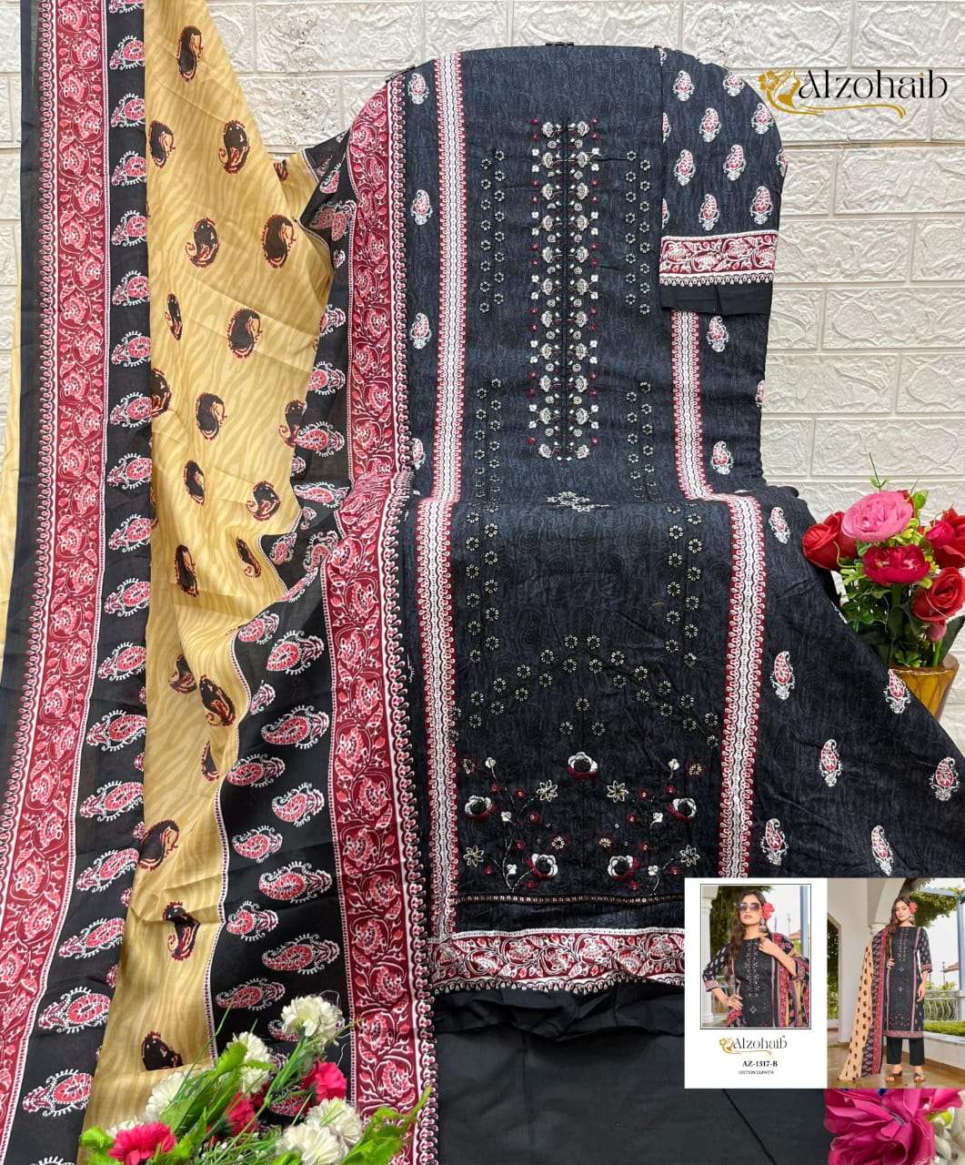 AL ZOHAIB DESIGN NO - 1316 AB-1317 AB PURE COTTON PRINT HEAVY SELF WORK PAKISTANI SUIT