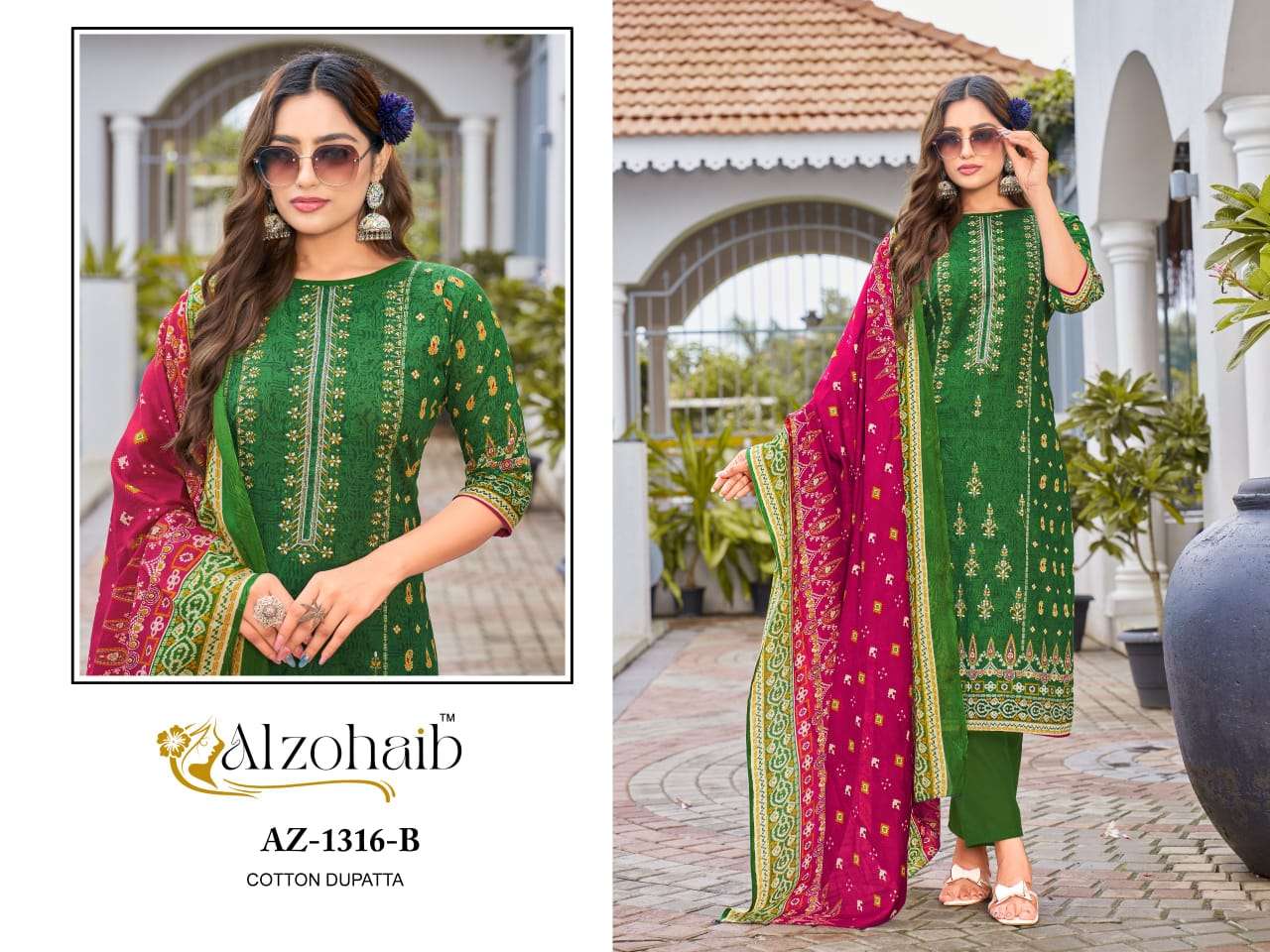 AL ZOHAIB DESIGN NO - 1316 AB-1317 AB PURE COTTON PRINT HEAVY SELF WORK PAKISTANI SUIT